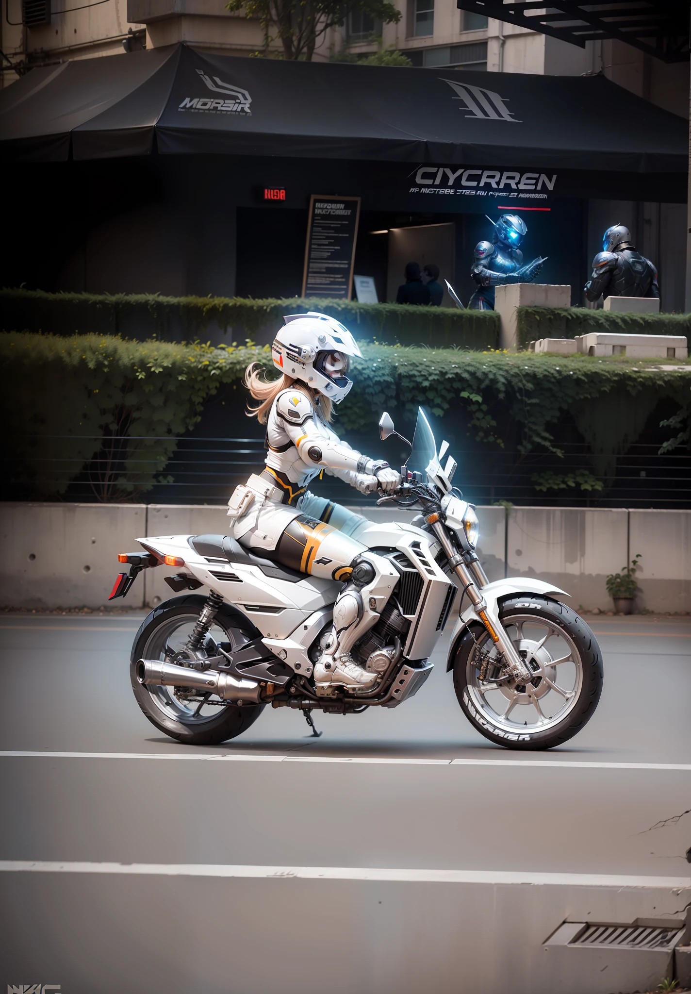 Cyber Warrior and Motorcycle, Nousr, Biomechanics, MSHN Robot Woman, High-Tech Helmet, Hyperreal, Steel, Intricate Design, Crazy Details, Fine Details, Extremely Clear Lines, Cinematic Lighting, Photo Realistic, Detailed Masterpiece