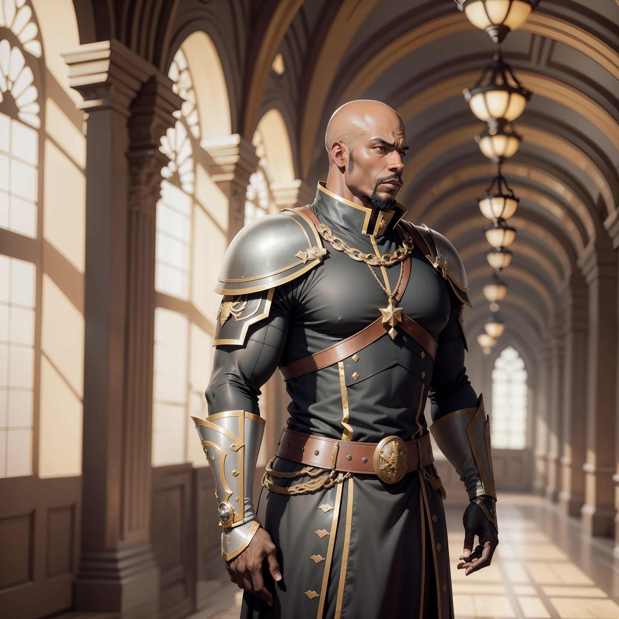 realistic image of a rustic black man, bald, strong, dressed in black cleric's costumes with shoulder pads, anime character style art, standing in a large anteroom of a royal palace, thoughtful expression, looking to the side