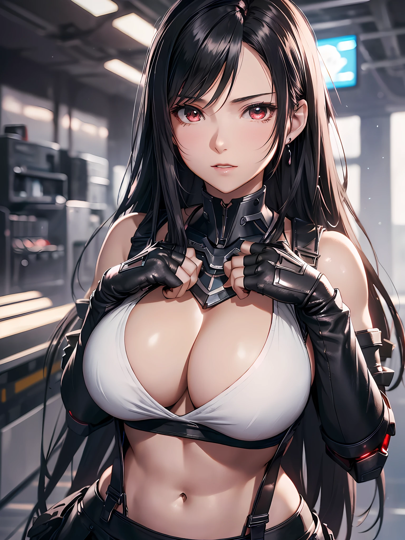 8k,masterpiece, bset quality,big, (1 girl), tifa lockhart, red_eyes, black hair, long hair, professional lighting, (shiny skin: 1.2), shiny big, ((best quality)), sharp focus: 1.2, highly detailed face and skin texture, detailed eyes, perfect face, perfect body, blur art, cg, backgroundBig breasts, presence (20yo, mature cool and beautiful face), wearing ((Suspender Black Skirt), Black Elbow Gloves, White Taut Shirt, Sai Hai, White Tank Top), Blushing, (Mittgal), Hands on Own Chest, Futuristic Robot Factory,