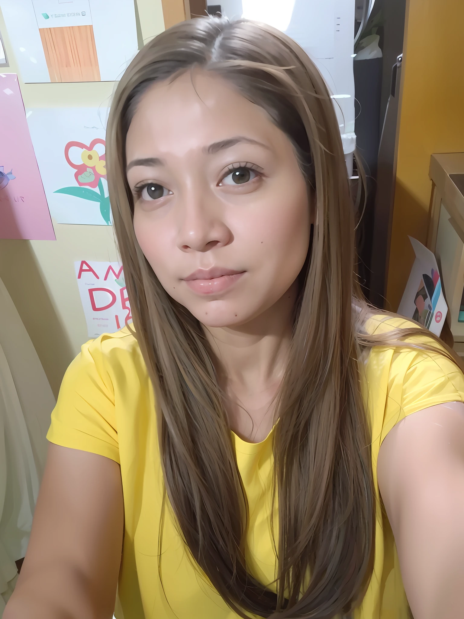 Ardent woman with long brown hair sitting in front of a counter, 40 years old woman