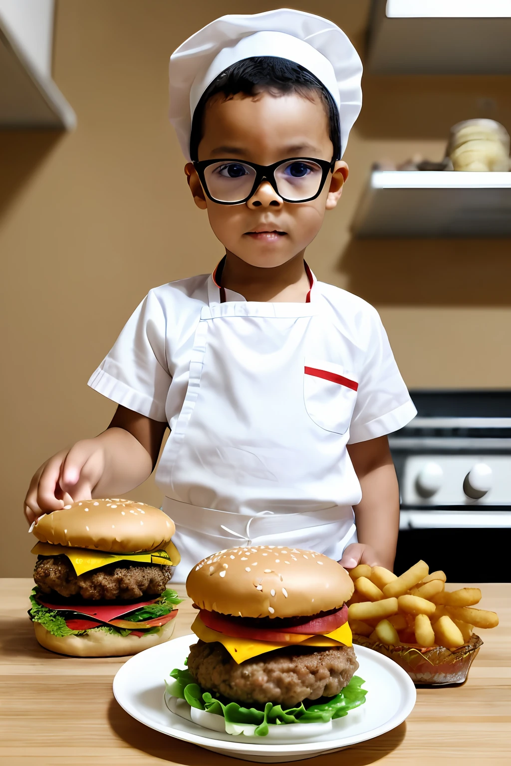 guttonerdreliberate1, portrait of a 3--old wearing glasses, (((plate with hamburger and fried gowns on the counter)))), (posing for the photo: 1.2), hands behind the body, dressing, (white clothing: 1.3) cook, chef, masterchef, (red cap: 1.5) without print and without embroidery. Industrial kitchen scenario. Detailed, realistic, depth of field