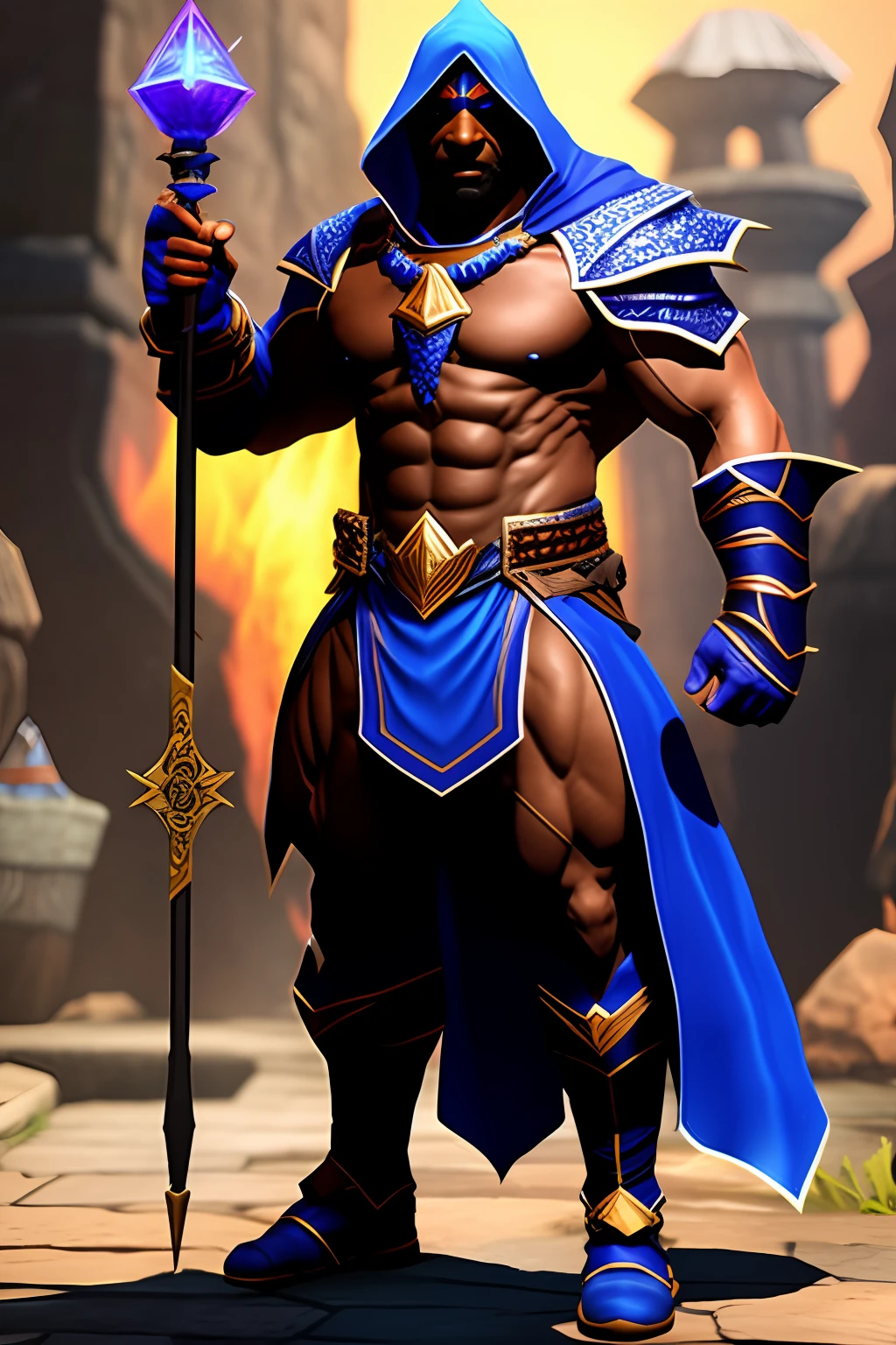 A black skin wizard from Dungeons & Dragons, strong, magical staff, muscles, blue outfit, 8K