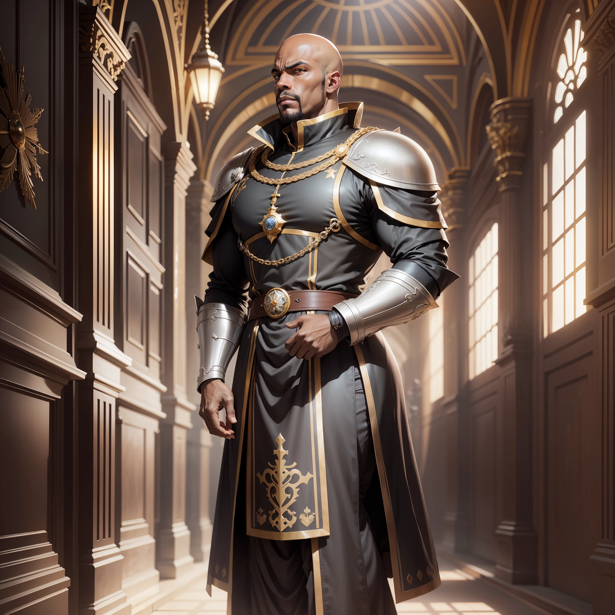 realistic image of a rustic black man, bald, strong, dressed in black cleric's costumes with shoulder pads, anime character style art, standing in a large anteroom of a royal palace, thoughtful expression, looking to the side