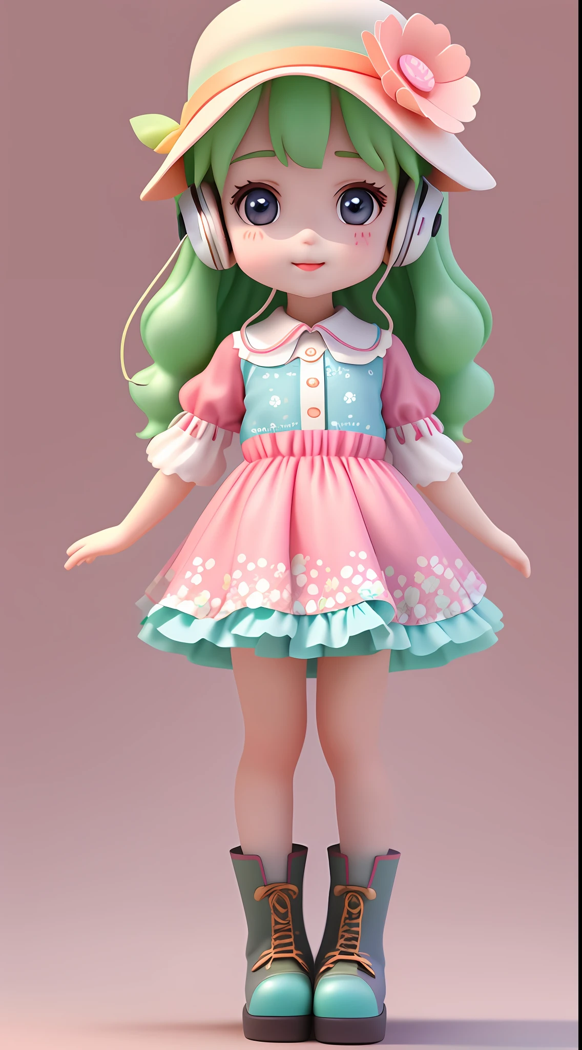 a Super cute girl ,Wearing a floral dress,Wearing boots,Wearing a hat and earphones，big watery eyes,full body,looking at viewer,open hands，MD clothing, clothing wrinkles，clean background,dreamy,excited,super cute girl IP by pop mart ,high detail ,hyper quality,Bright color,mockup blind box toy,disney style ,fine luster,3D render,oc render,best quality ,bright,front lighting,Face Shot,fine luster,ultra detoiled ，8k,