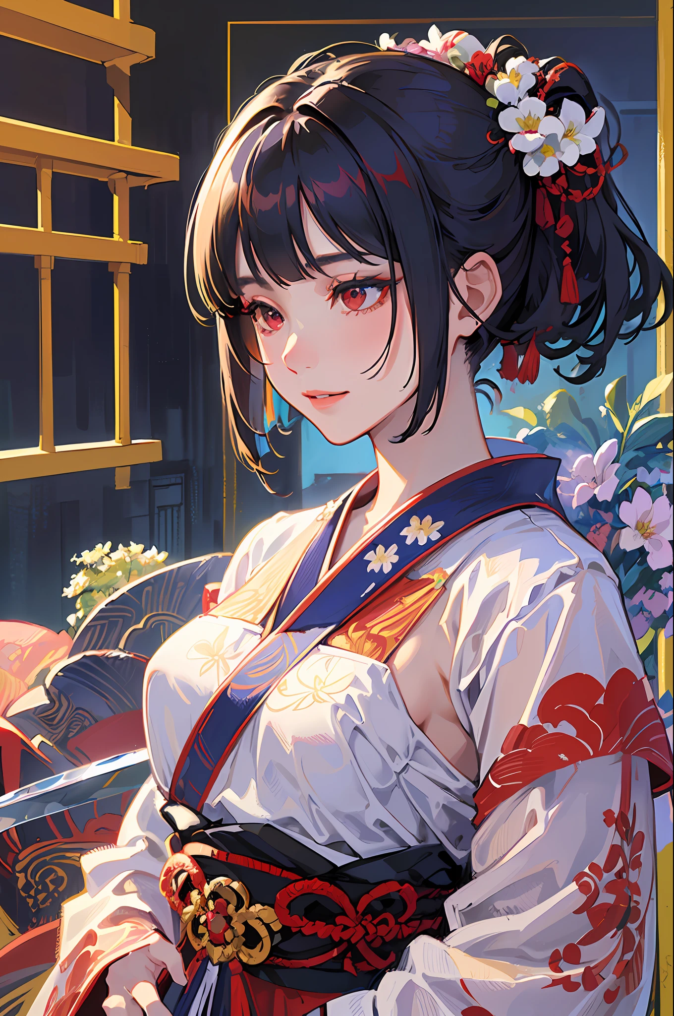 ((masterpiece, super detail, exquisite detail, top quality, illustration), one girl, solo, high quality, watching the viewer, red eyes, black hair, bob cut, floral hair ornament, smile, floral kimono, Japan in the garden, bamboo forest, white gravel garden, shoji door, transparent sunlight, feminine, powerful, traditional, ukiyo-e, oriental aesthetic, elegant, beautiful, attention to detail, bright colors, high contrast, Dynamic lighting, realistic textures, traditional painting style, illustration aesthetics, ((holding a sword)), Tomoe Gozen,