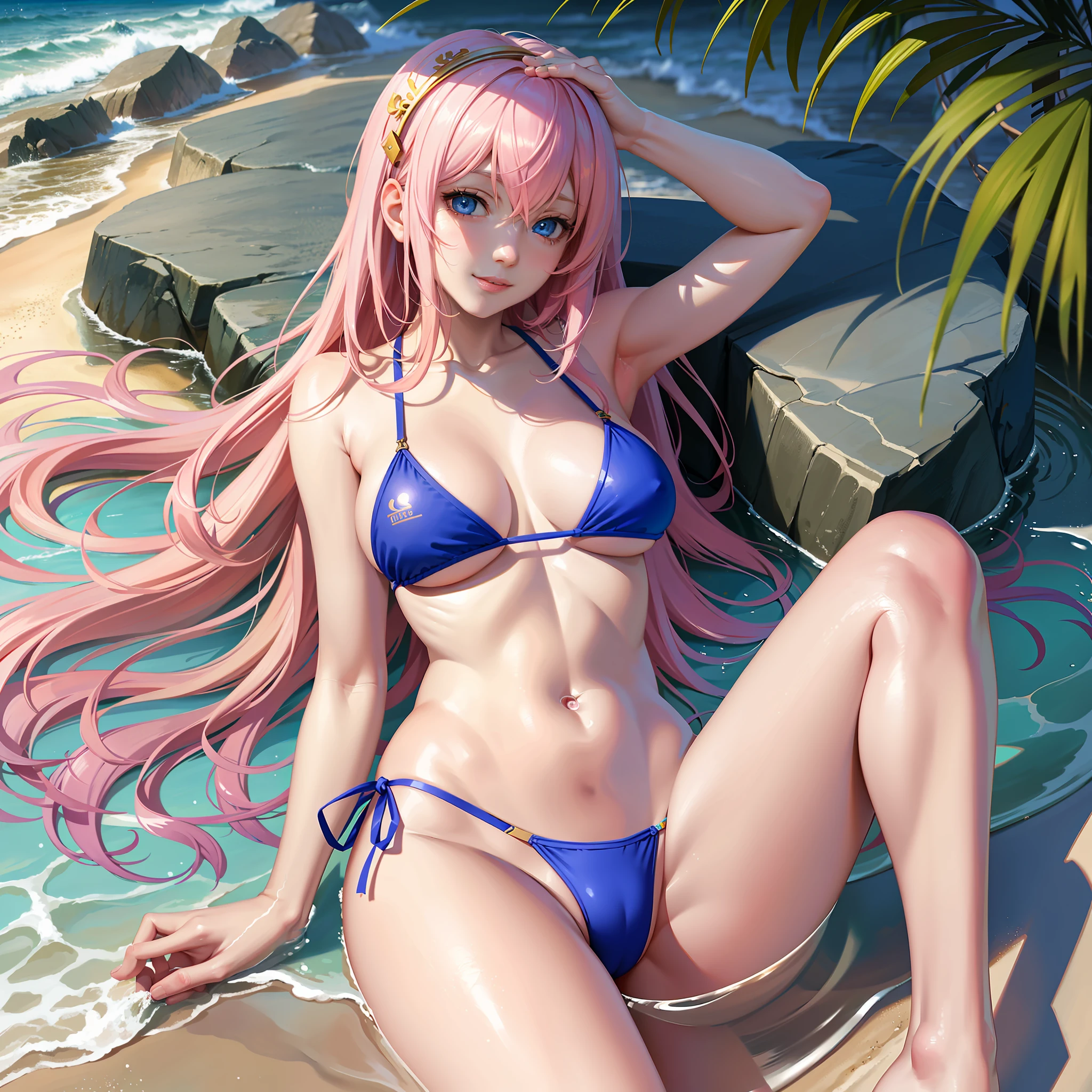 pale tones, photorealistic, beautiful attractive anime girl, super detailed, smile, beautiful blue eyes, beautiful style, megurine luka, pink hair, slender, gentle look, slender, (seductive anime girl), full body, beautiful skin, sheer swimsuit, beach, idol,