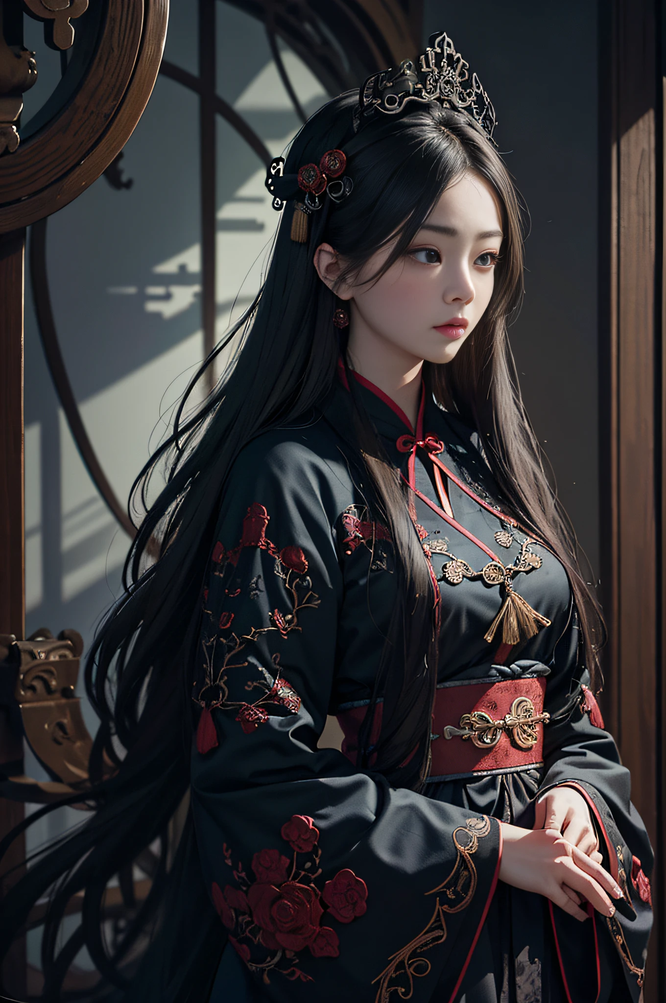 Official Art, 8k wallpaper, super detailed, beautiful, beautiful, masterpiece, best quality,
dark, atmospheric, mystical, romantic, creepy, literature, art, fashion, ming and qing dynasties, decoration, intricate, ironwork, embroidery, contemplation, emotional depth, supernatural, hanfu
1 girl, solo, neck, full body composition