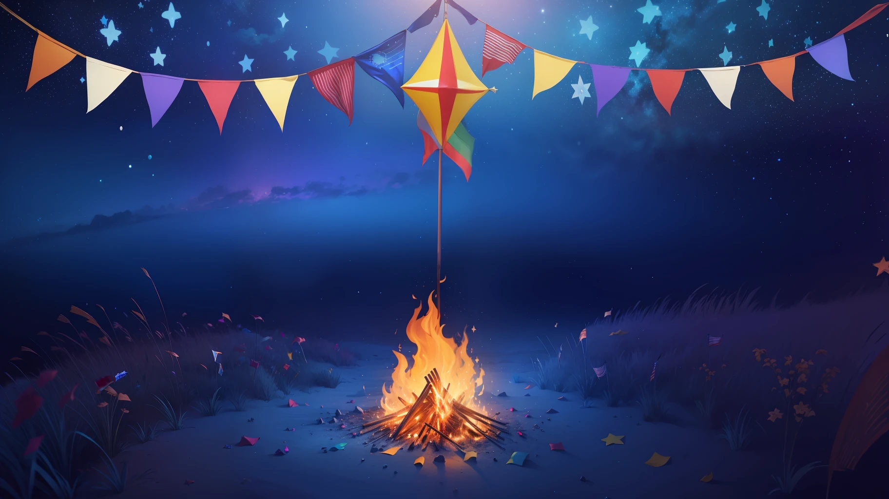 A starry sky, colorful flags and a bonfire on the ground