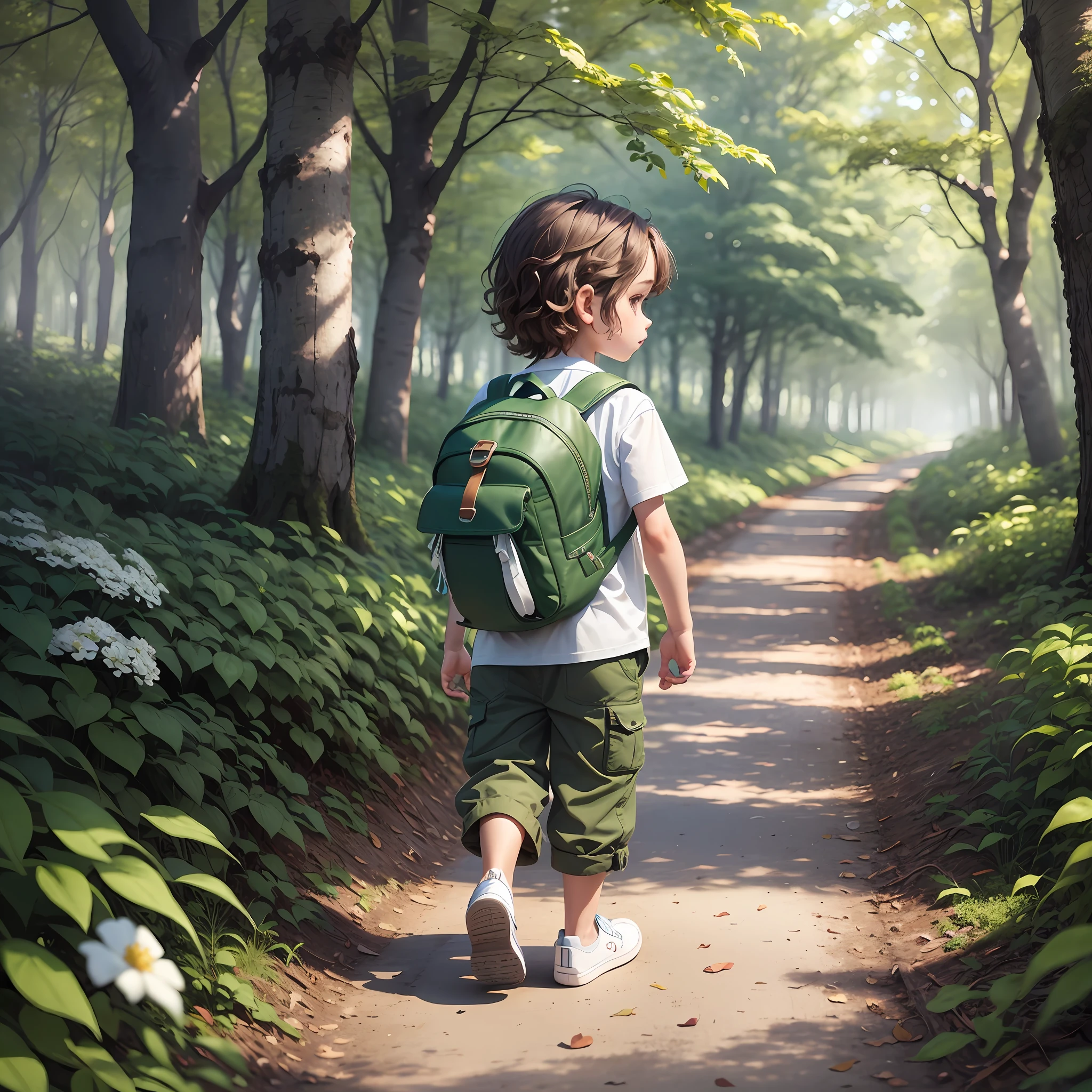 Victor a  3-year-ooy wibrown wavy hair in green pants and a white shirt with a blue backpack and white sneakers strolling in the forest with trees and flowers --auto --s2