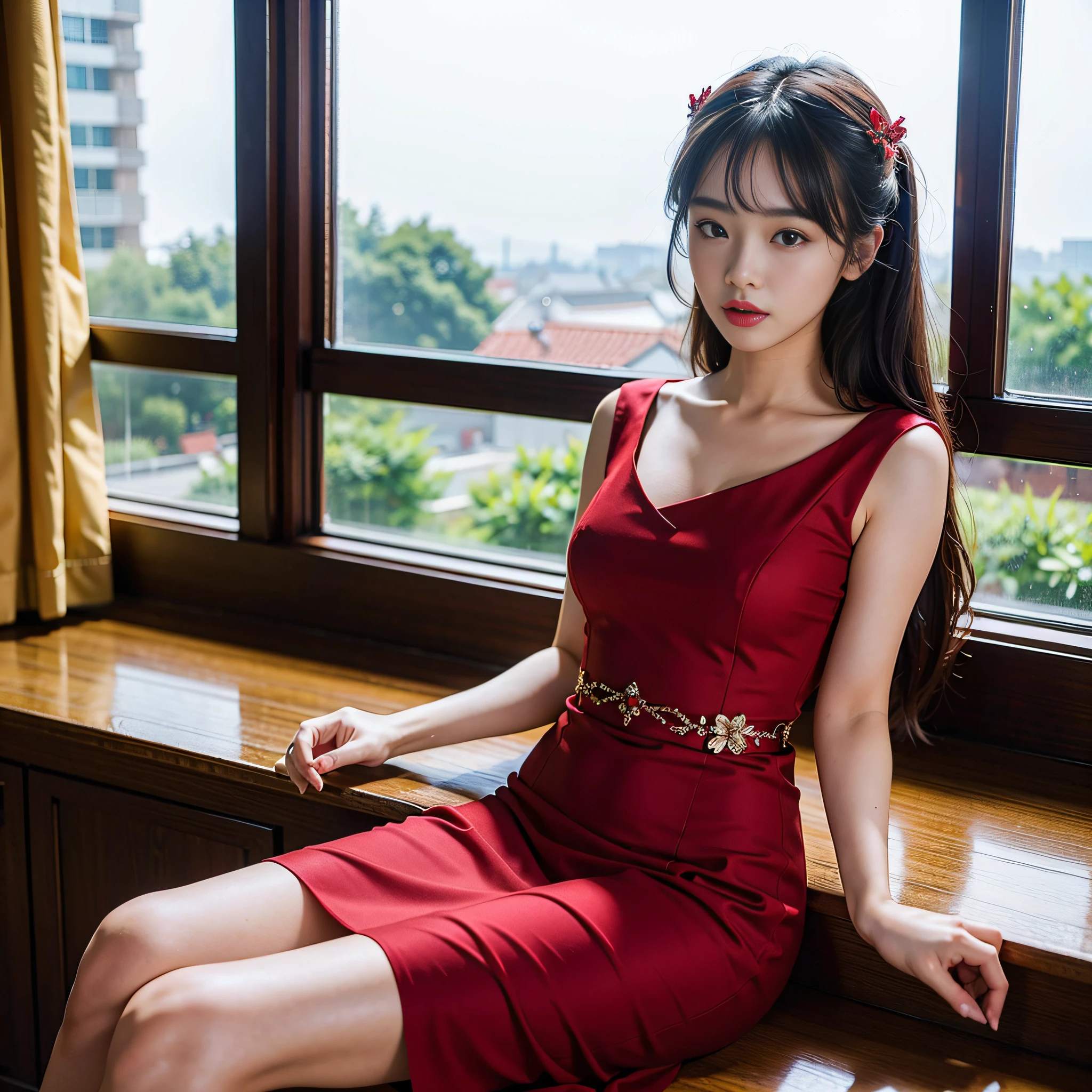 Masterpiece, 16K, top quality, araffe woman in red dress sitting on window sill, beautiful korean woman, gorgeous young korean woman, sexy red dress, cute elegant pose, beautiful young korean woman, korean woman fashion model, sexy dress, stunning elegant pose, wearing red dress, gorgeous chinese model, korean girl, red dress, wearing red dress, wearing red dress, super realistic,