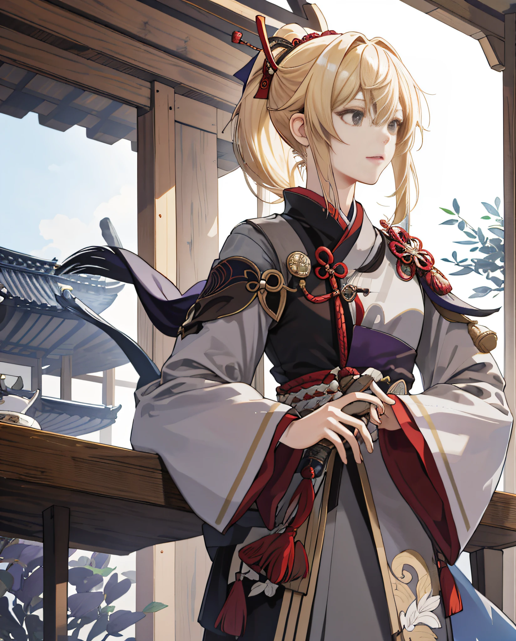 "Genshin", Koto, 1 Girl, Knight, Western Sword, Blonde Hair, Bundled Hair, Single Ponytail Hair, Gray Eyes, Western-style Court Noble Attire