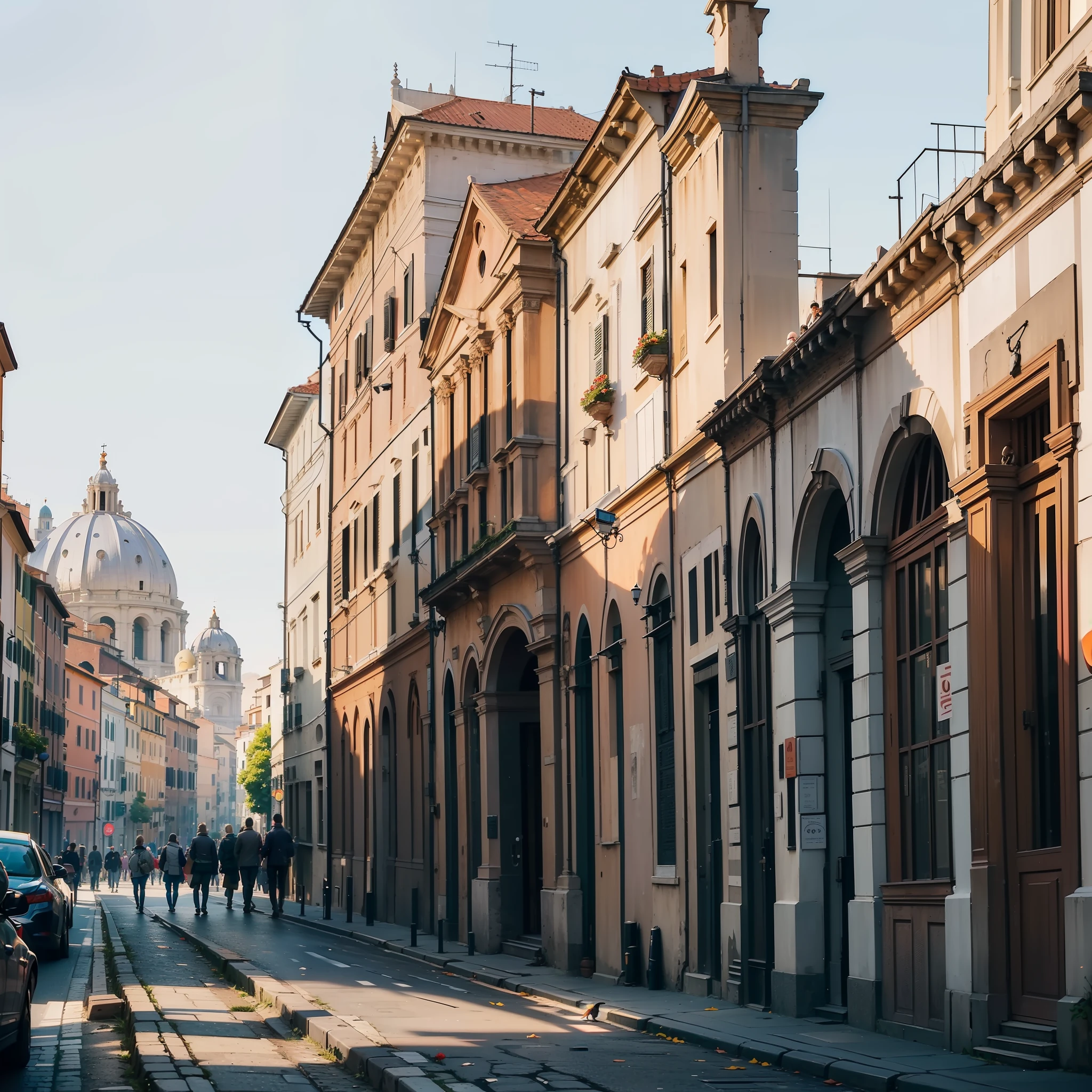 (Description: Beautiful Late Afternoon + Rome Sunset Street), (Rome style + Italy architecture), (High Quality + Best Lighting), (Beautiful Sunset) (blue / orange / red sky + birds), (Dynamic angles + continuous path), (Nostalgic + memory style + twilight), (main frame: street + building) + (empty streets, no people and no cars, just the beautiful architecture of Rome for contemplation)+(feeling of peace and tranquility).