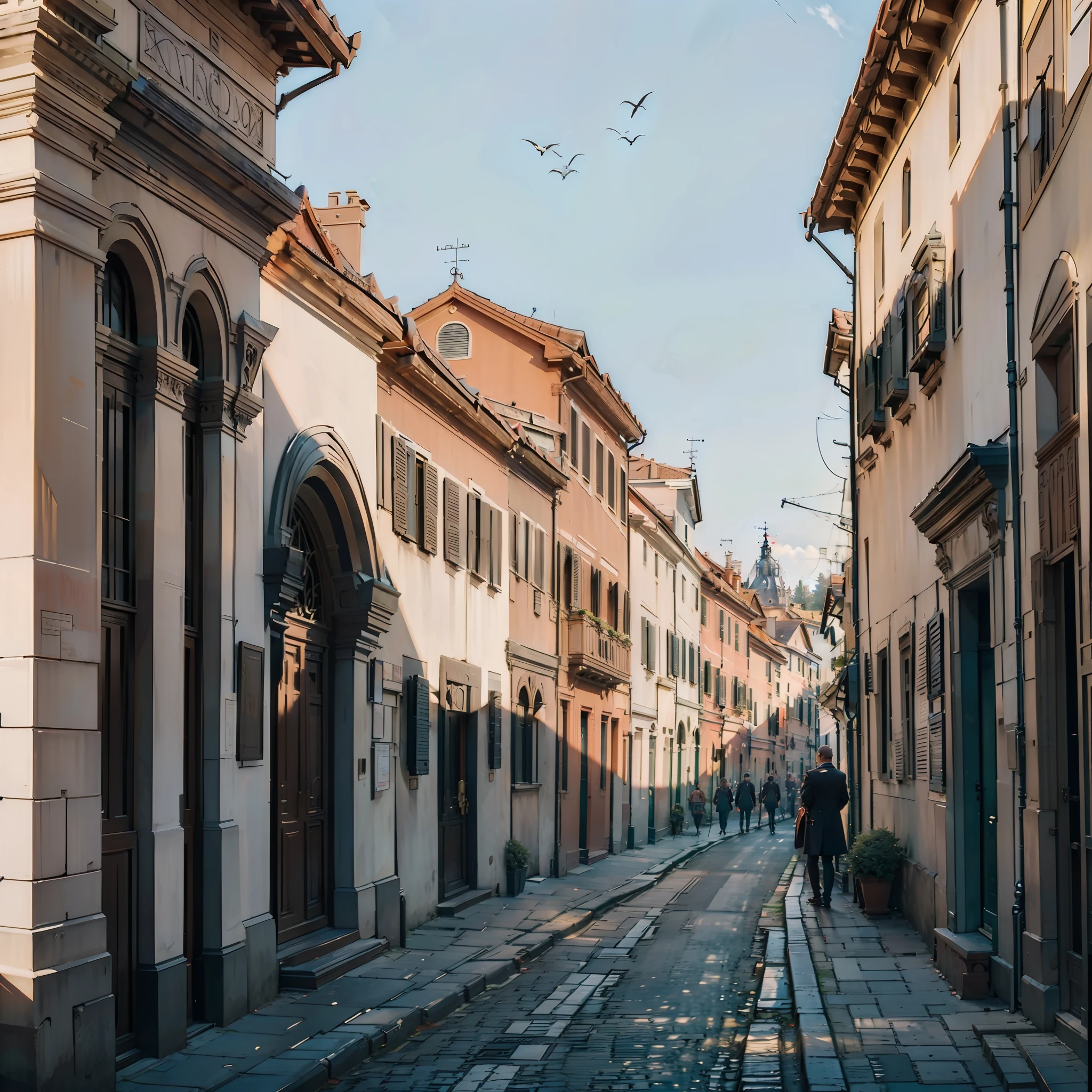 (Description: Beautiful Late Afternoon + Rome Sunset Street), (Rome style + Italy architecture), (High Quality + Best Lighting), (Beautiful Sunset) (blue / orange / red sky + birds), (Dynamic angles + continuous path), (Nostalgic + memory style + twilight), (main frame: street + building) + (empty streets, no people and no cars, just the beautiful architecture of Rome for contemplation)+(feeling of peace and tranquility).