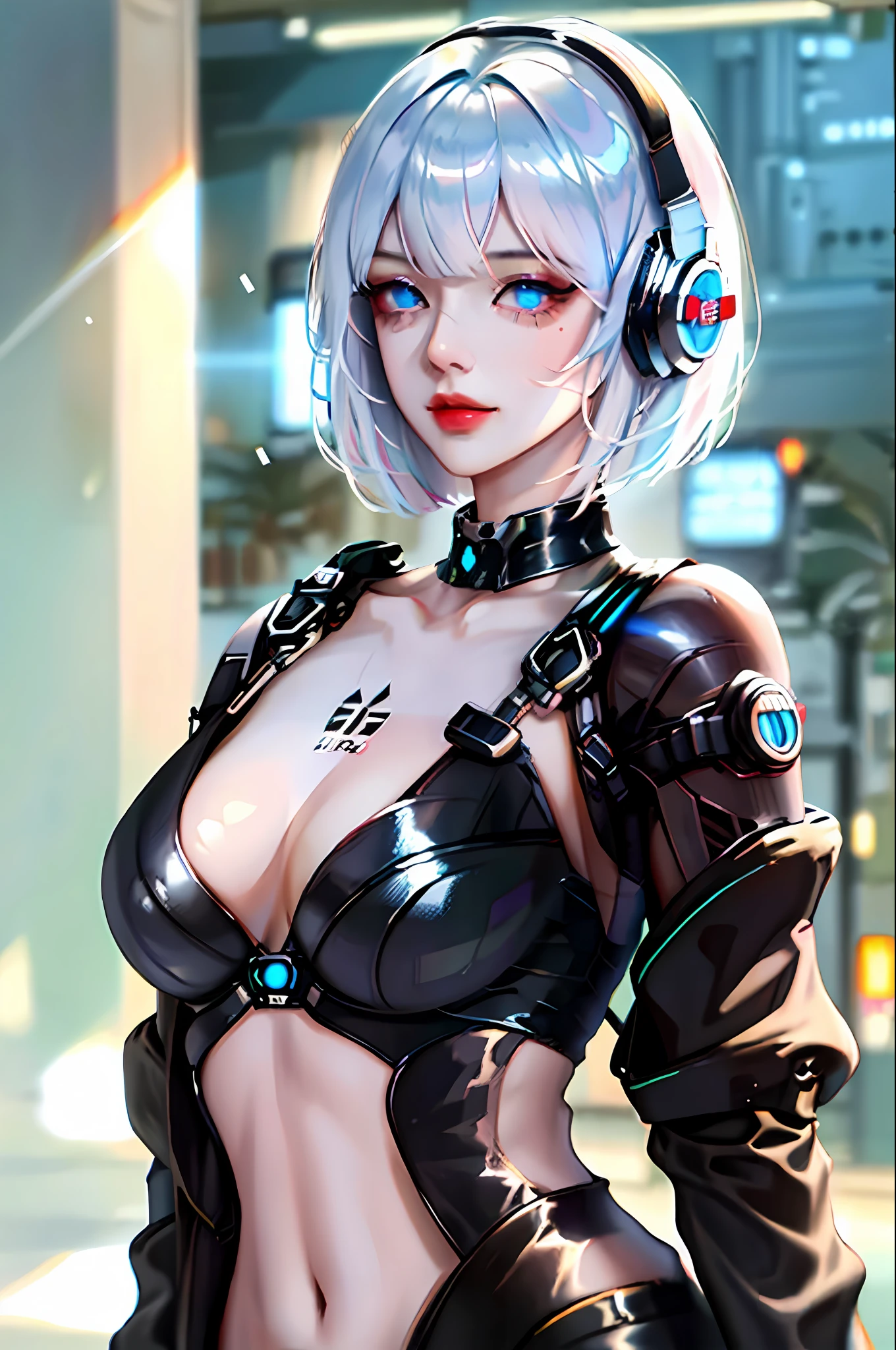 1girl, bangs, white hair, blue eyes, fashi-girl,bob cut,short hair, cleavage, collarbone, open jacket,mecha,cyberpunk,neon lights,large breasts,mature female,shiny skin,rain,water drop,badass,alluring,mecha musume,ghost in the shell,red lips,looking to the side,closed mouth,headphones,cinematic lighting