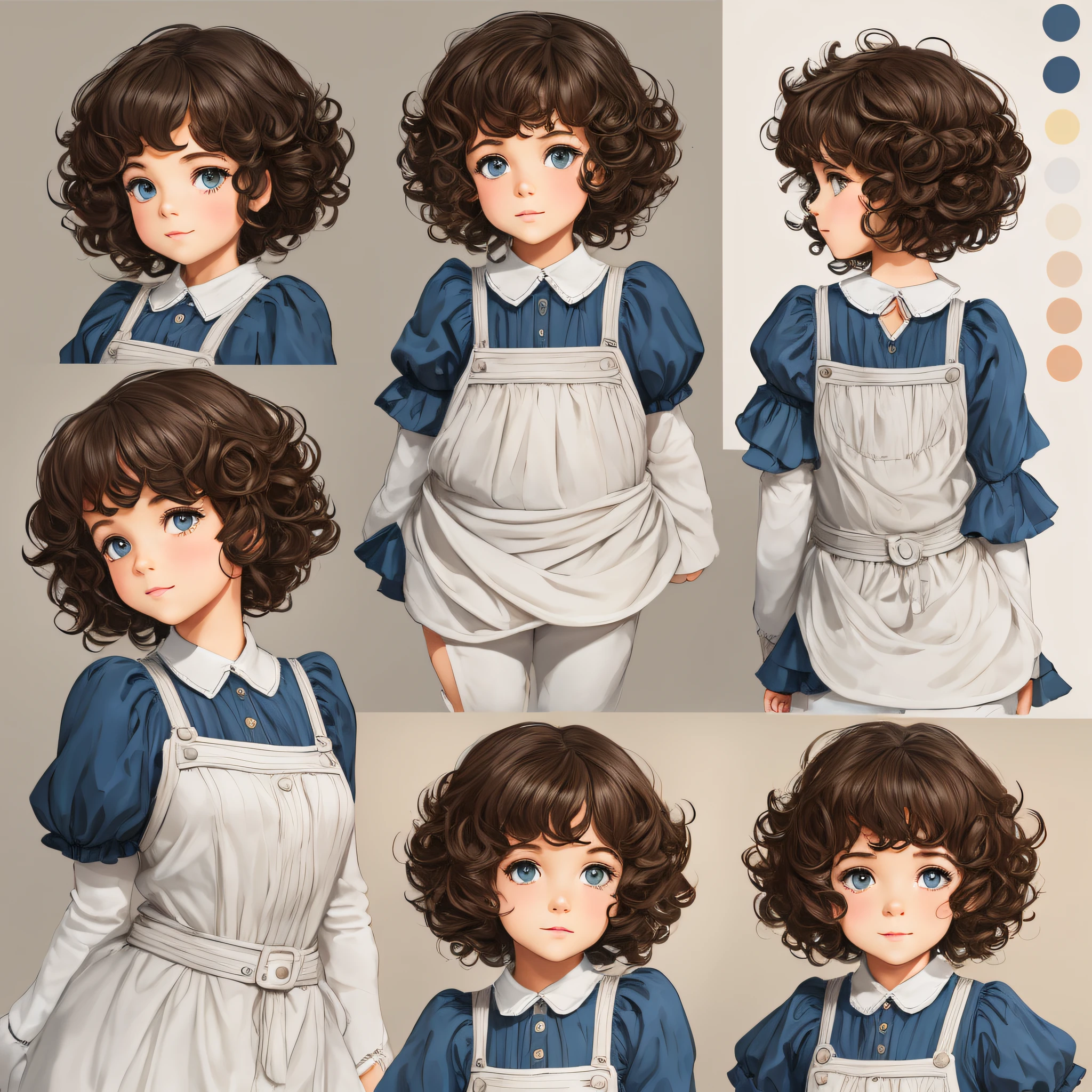 a girl whith short curly hair, different angles, in the style children book character, character sheet, white background –ar 3:2 --auto --s2
