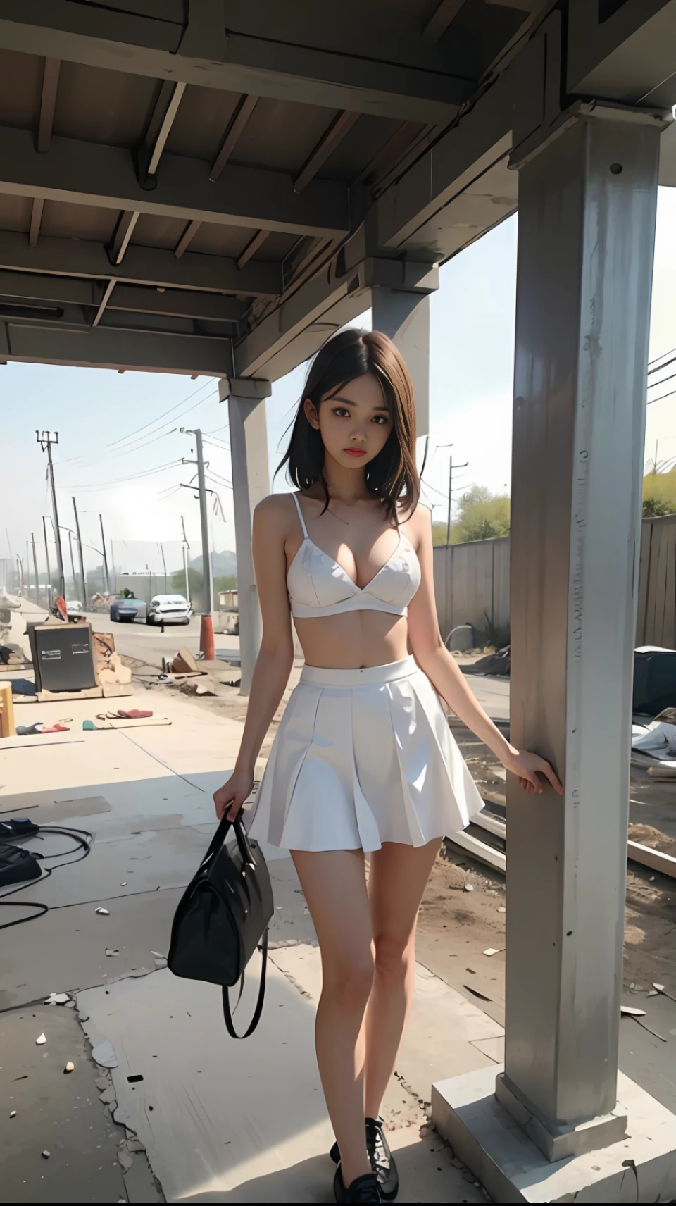 Girl in white bra and short skirt, full body, slim figure, small bust, slim girl model, 20 year old female model, flipped skirt, party is visible, construction site, concrete pillar, group of black men are looking