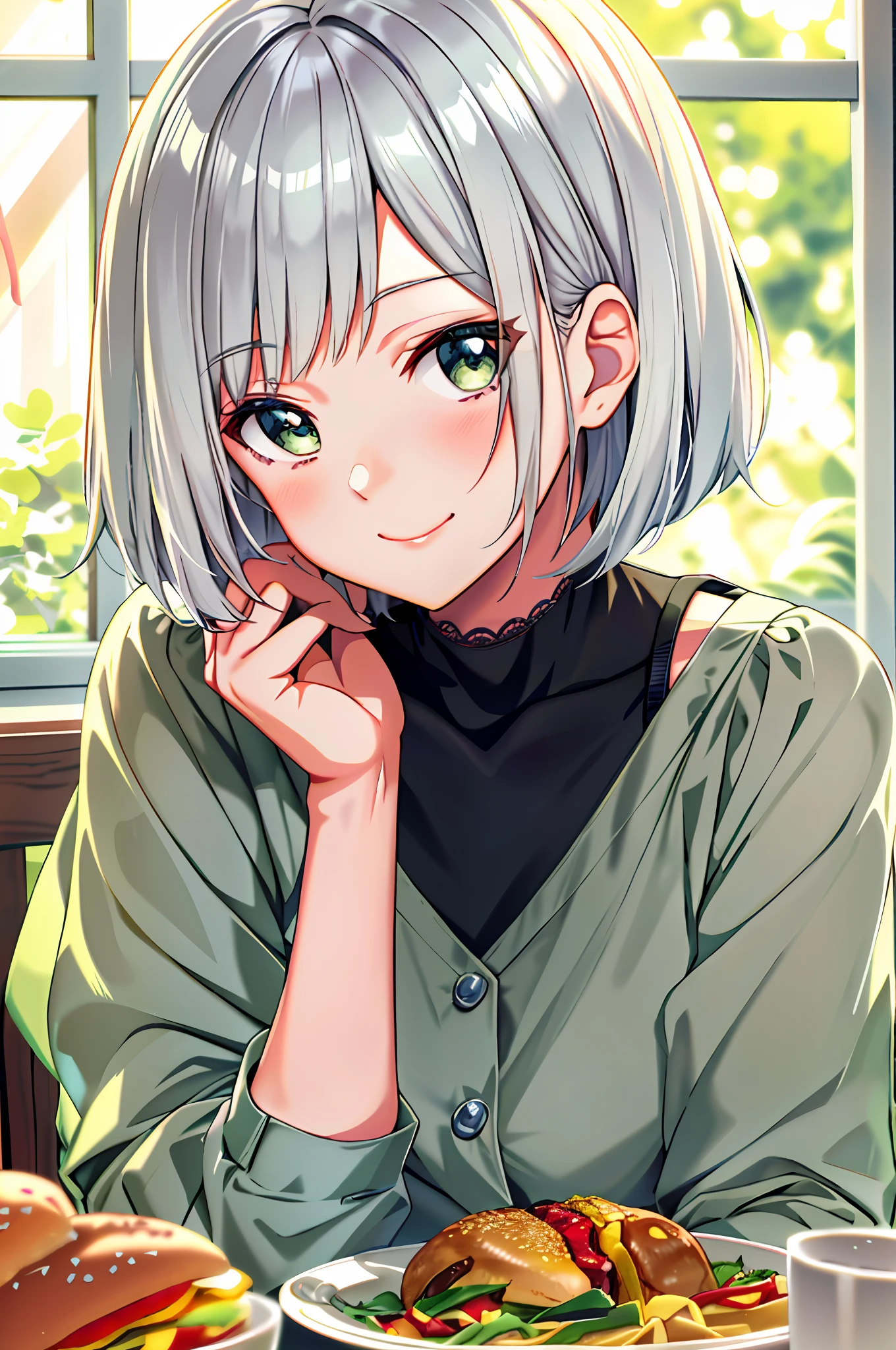 anime girl sitting at table with food plate, anime style portrait, portrait anime girl, cute anime girl portrait, cute anime girl portrait, beautiful anime portrait, cute girl anime visual, cute anime girl portrait, short gray haired girl, anime style 4k, anime girl portrait, Digital anime illustration, anime portrait, cute anime girl,((hamburger))