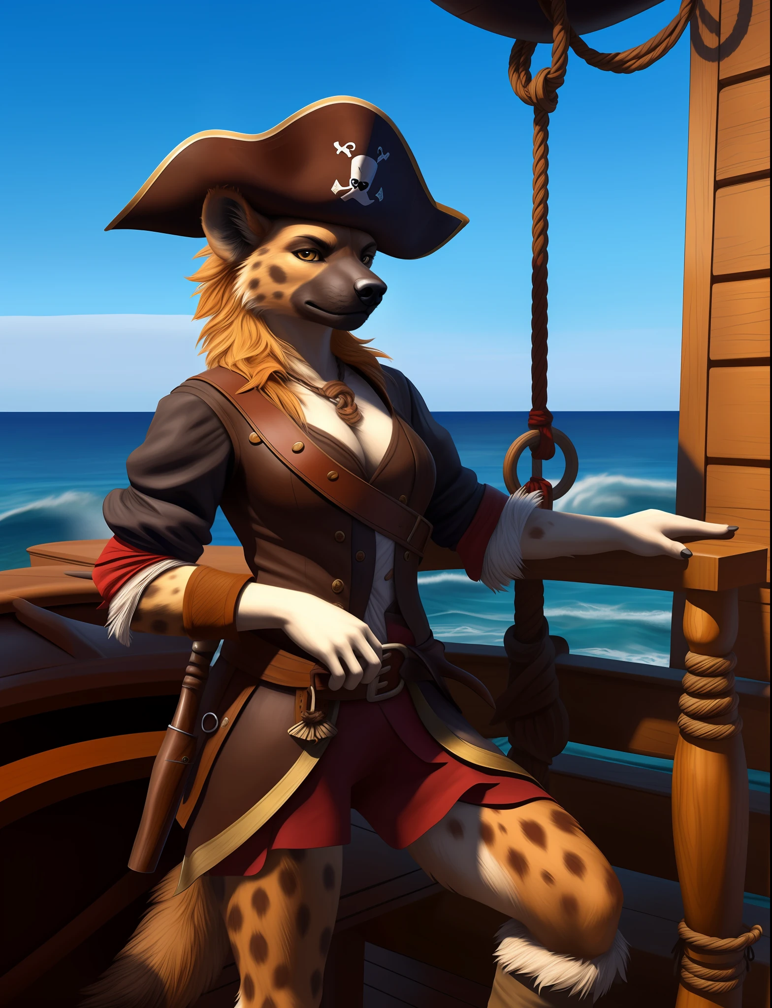 anthro, hyena, solo, female, adult, pirate, on pirate ship, sea, pirate hat, clothed, (realistic fur, fur, realistic fur texture:1), detailed background, sea background, photorealistic, hyper realistic, ultra detailed,