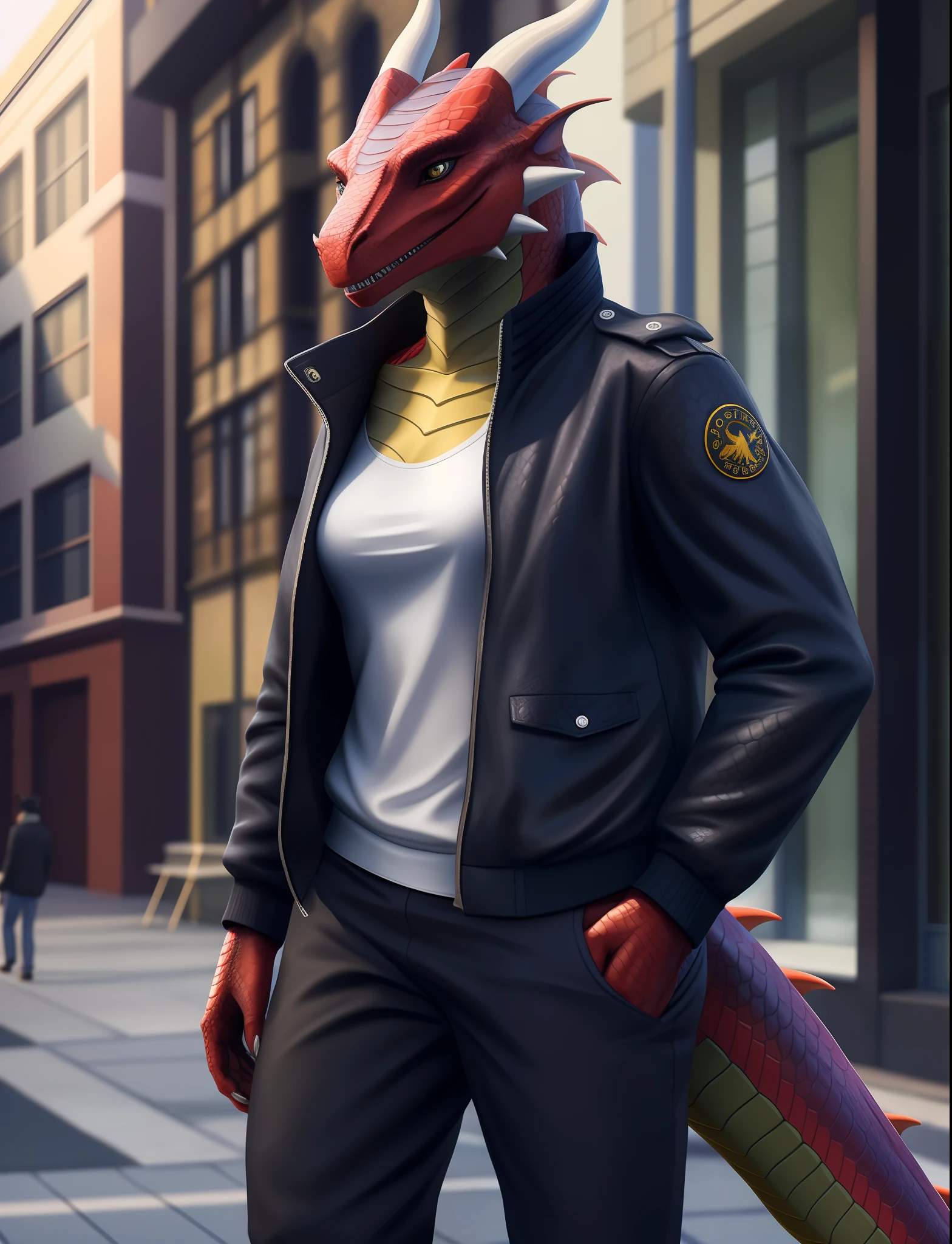 anthro, dragon, solo, female, adult, (open jacket, pants:1.2), (realistic scales, detailed scales texture:1), detailed background, street background, photorealistic, hyper realistic, ultra detailed,