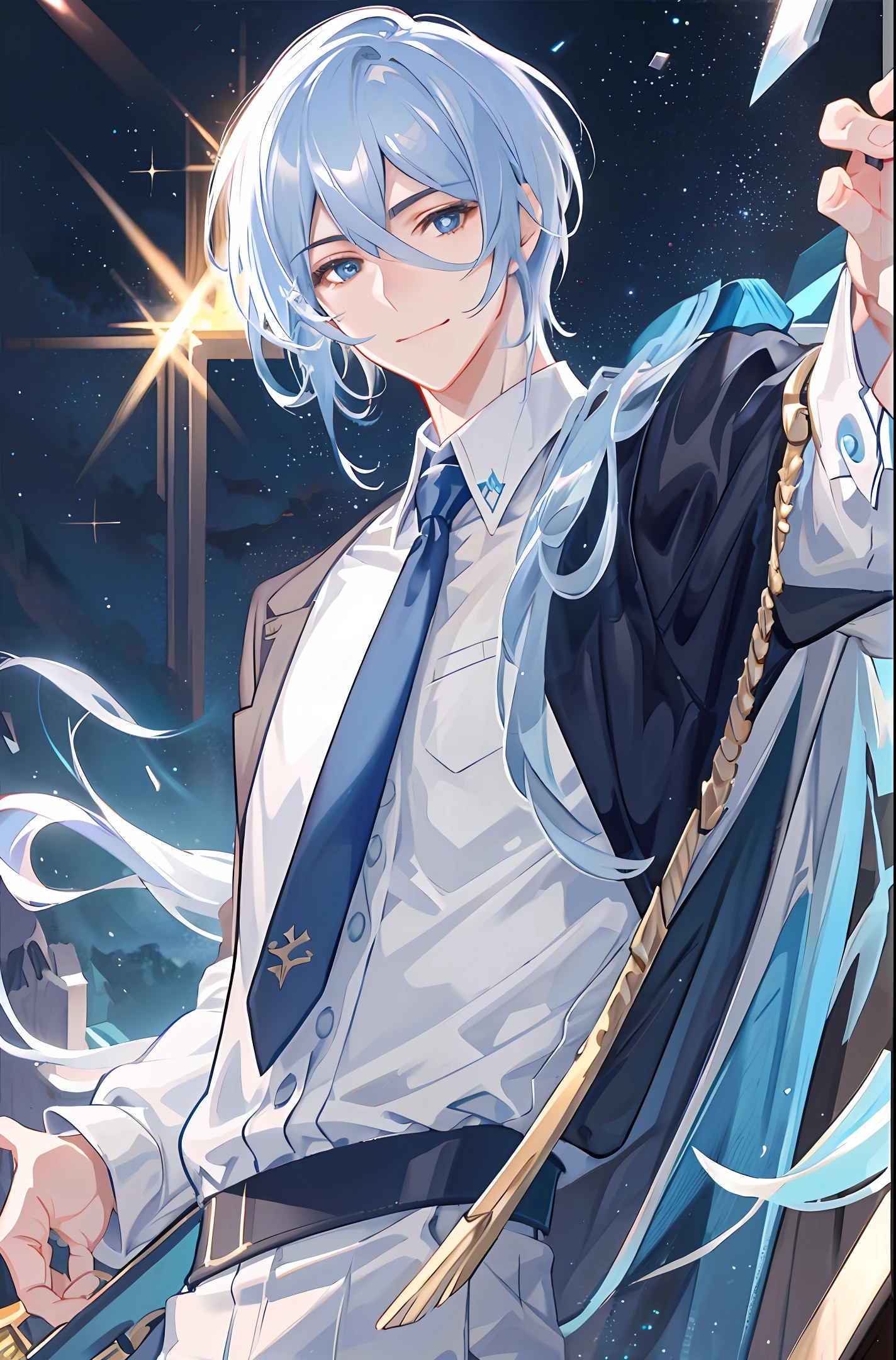 "The blue-eyed protagonist Gojo Satoru, who stands against a fantastic dark starry sky background and stares at the viewer with a wry smile with his mouth slightly open, wearing an oversized white shirt, styles a seductive hairstyle, emphasizing the hair between the bangs and eyes, and emphasizing his unique and stylish white and short hair, exquisite, detailed and beautifully rendered CG artwork. This dynamic composition skillfully shows his strong male focus with an emphasis on the upper body in a way that captivates and intrigues the viewer."