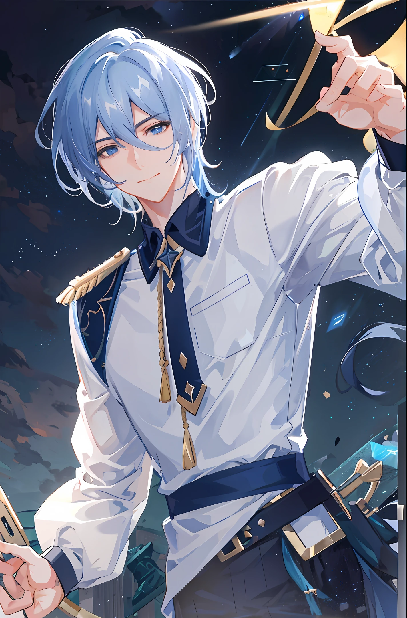 "The blue-eyed protagonist Gojo Satoru, who stands against a fantastic dark starry sky background and stares at the viewer with a wry smile with his mouth slightly open, wearing an oversized white shirt, styles a seductive hairstyle, emphasizing the hair between the bangs and eyes, and emphasizing his unique and stylish white and short hair, exquisite, detailed and beautifully rendered CG artwork. This dynamic composition skillfully shows his strong male focus with an emphasis on the upper body in a way that captivates and intrigues the viewer."