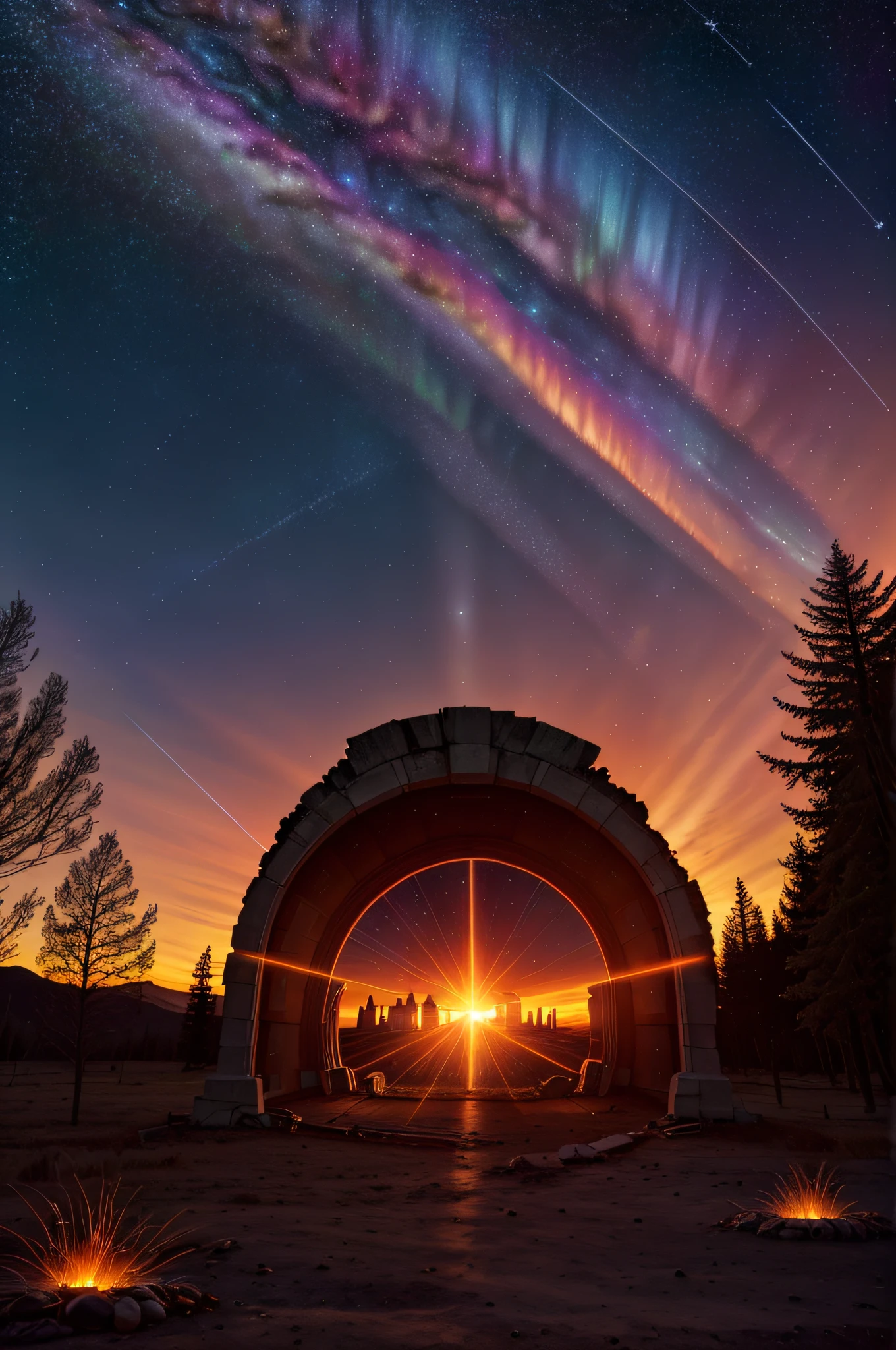 style1-fC,  large glowing portal, star (sky),  starry sky, fire, space, milky way, embers, shooting star, galaxy, sunset, night sky, explosion, sky, night, aurora, fireworks, light particles, burning, planet, twilight, flame, science fiction, starry background, sparks, snowing, dusk, gradient sky, skyline, earth (planet), sun, evening, no humans, scenery, orange sky, cloud, ruins, diffraction spikes, constellation, light, light rays, torch, sunrise