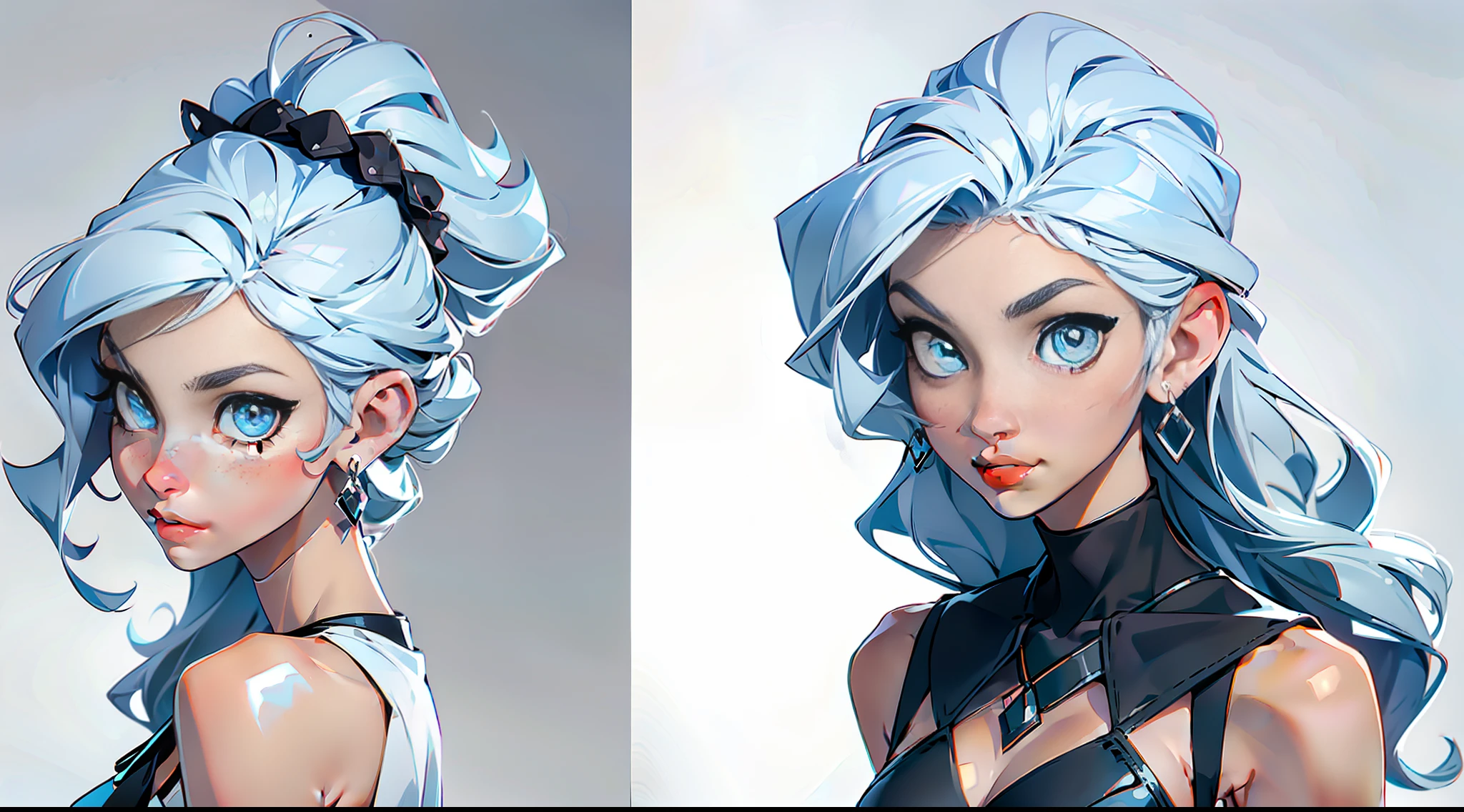 Masterpiece: 1.6, best quality: 1.4, live image: 1.2, intricate details: 1.2, charturnerv2: 1.2, 1lady full body character change,
Appearance: milf: 1.25, thin: 1.3, light blue eyes, medium breasts, detailed eyes, quality eyes,
Clothing: black sleeveless dress, black gloves
Accessories: simple hoop earrings, black necklace, small flowers in the hair,
Hair: silver hair, long hair, semi curly hair,
Makeup: natural, shiny skin,
(single background, white background: 1.3), multiple views, multiple views of the same character in the same outfit: 1.3.