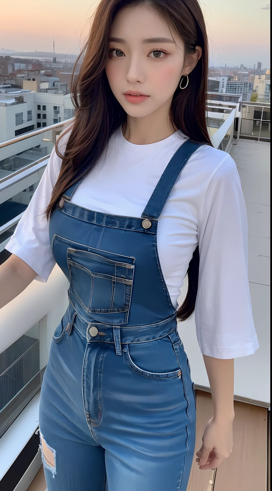 ((Midnight, Best quality, 8k, Masterpiece :1.3)), Whole body, Long legs, Sharp focus :1.2, A pretty woman with perfect figure :1.4, Slender abs :1.1, ((Dark brown hair, Big breasts :1.2)), (White tight tshirt, Jean bib, Standing:1.2), ((Night city view, Rooftop:1.3)), Highly detailed face and skin texture, Detailed eyes, Double eyelid