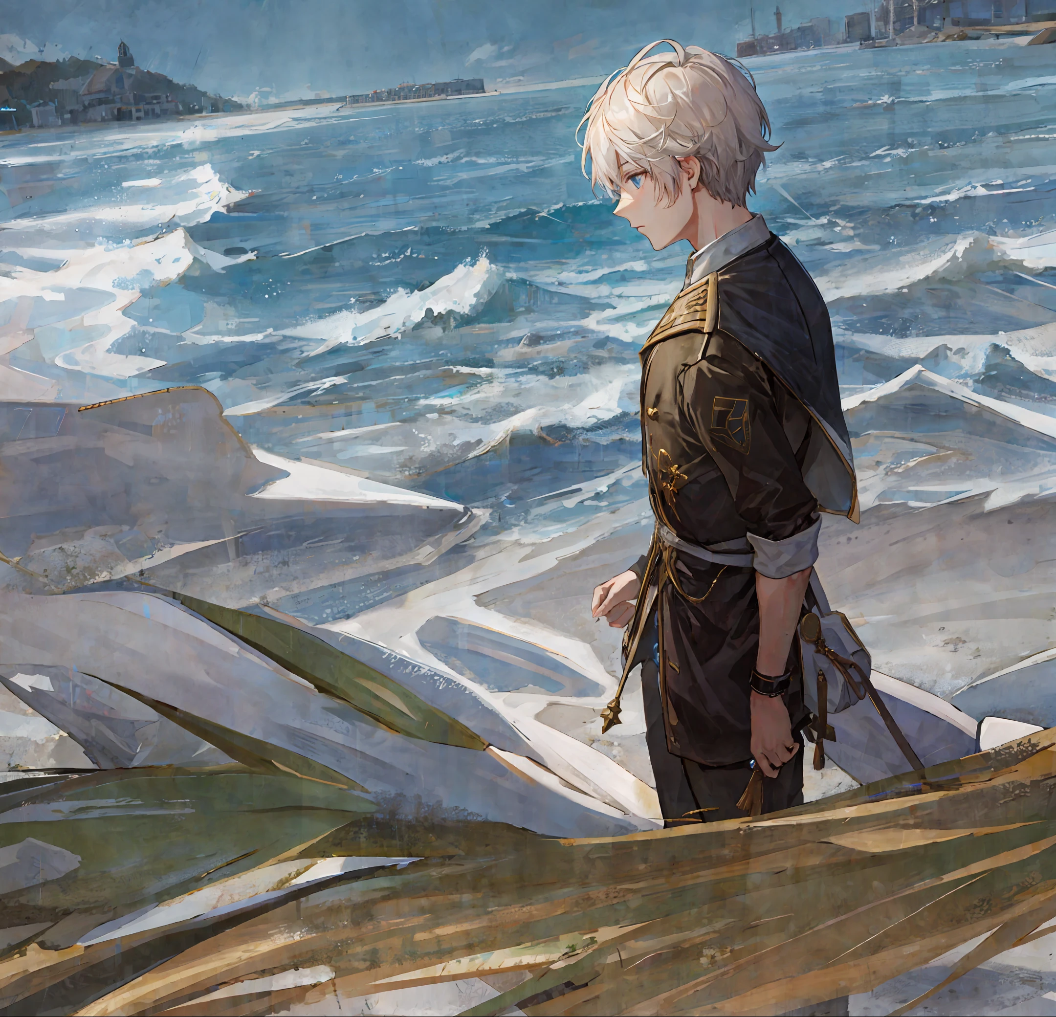 "An exquisitely detailed and beautifully rendered CG artwork featuring the epic, blue-eyed protagonist Gojou Satoru gazing directly at the viewer while standing at the sea background, wearing his iconic white short sleeve, styled with a captivating hairdo, accentuated with bangs and hair between eyes, highlighting his distinctive and stylish white and short hair. This dynamic composition expertly showcases his strong male focus, with an emphasis on his upper body, in a manner that captivates and intrigues viewers."