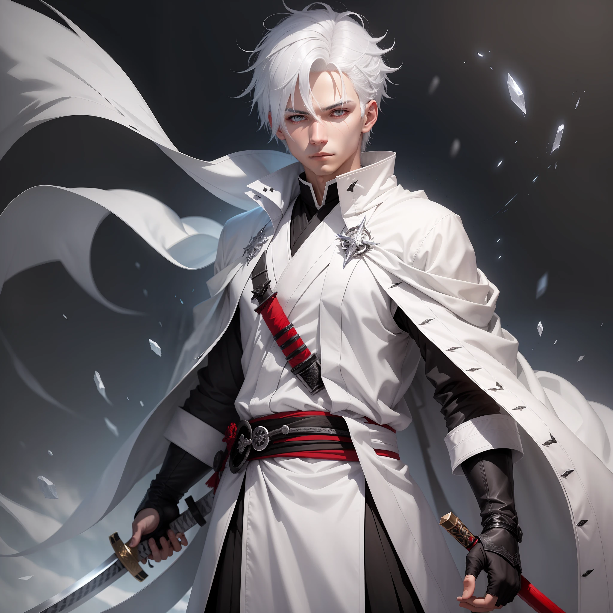 A boy with white hair and silver eyes, with white clothes resembling the robe of the assassins of "Assassin's Credo" and a katana wrapped in ice