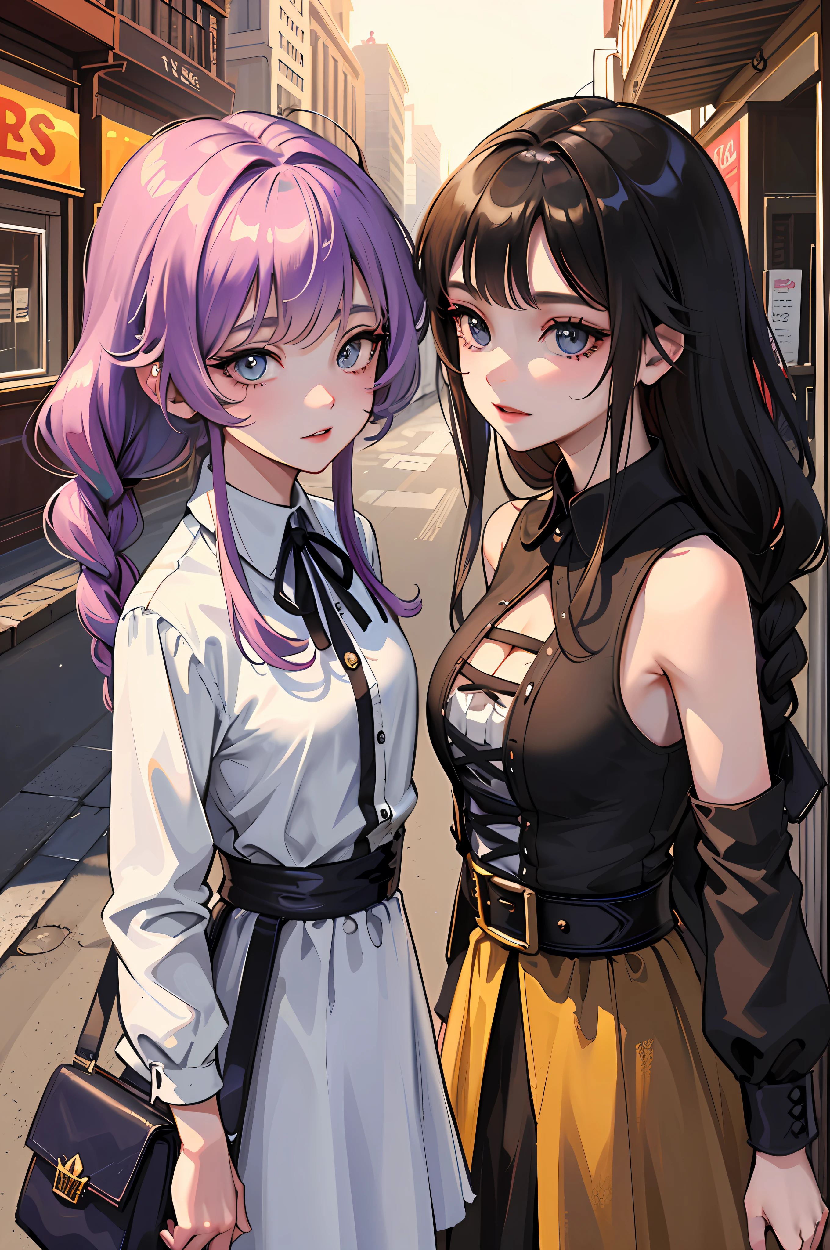 Best Quality, Masterpiece, Extremely Detailed, High Resolution, 4K, Ultra High Resolution, Detailed Shadows, Perfect Light and Shadow, Two Girls in Costumes Taking Selfies on the Street, Colorful Braids, Anime Role Play, Anime Style Mix Fujifilm, Cute,