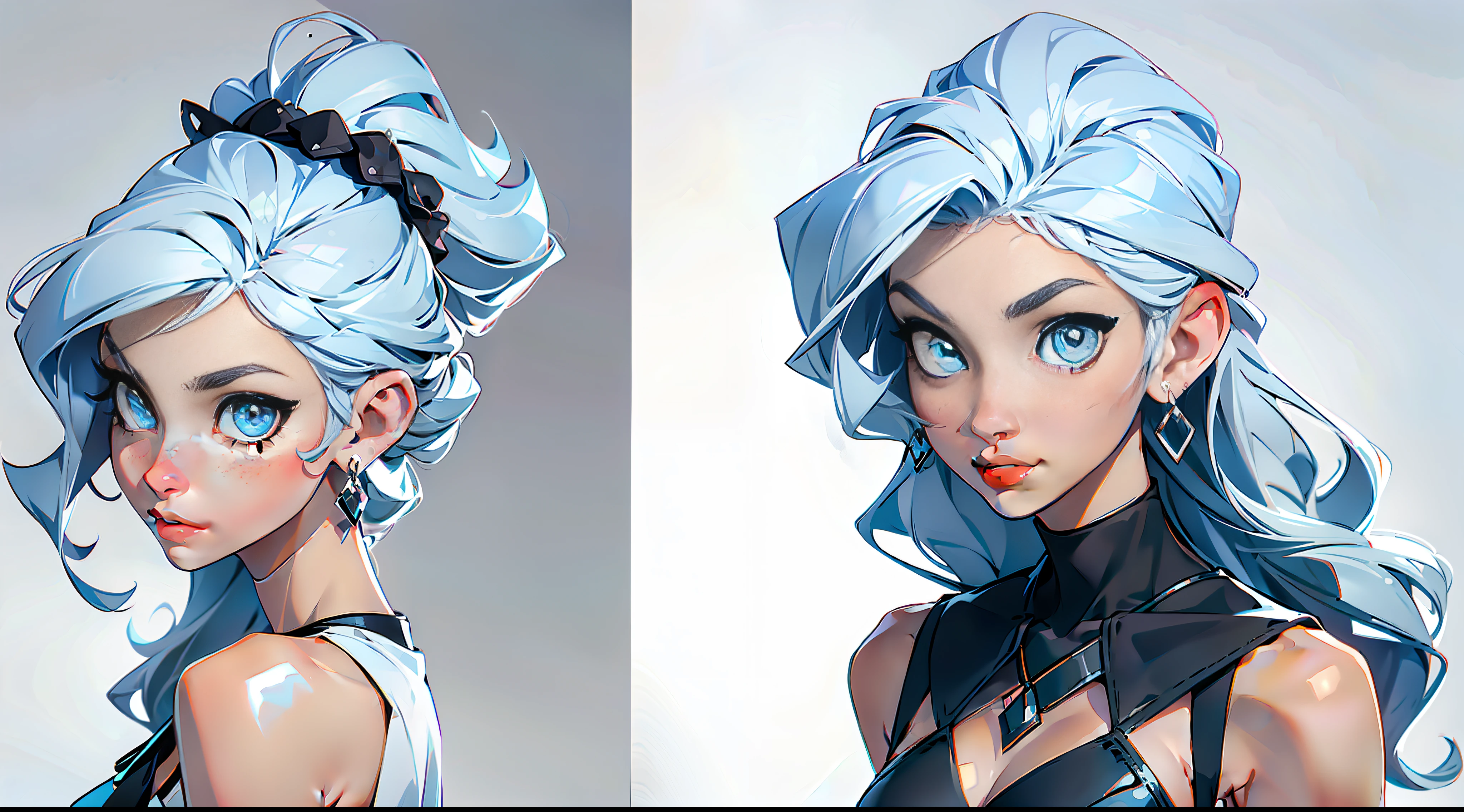 Masterpiece: 1.6, best quality: 1.4, live image: 1.2, intricate details: 1.2, charturnerv2: 1.2, 1lady full body character change,
Appearance: milf: 1.25, thin: 1.3, light blue eyes, medium breasts, detailed eyes, quality eyes,
Clothing: black sleeveless dress, black gloves
Accessories: simple hoop earrings, black necklace, small flowers in the hair,
Hair: silver hair, long hair, semi curly hair,
Makeup: natural, shiny skin,
(single background, white background: 1.3), multiple views, multiple views of the same character in the same outfit: 1.3.
