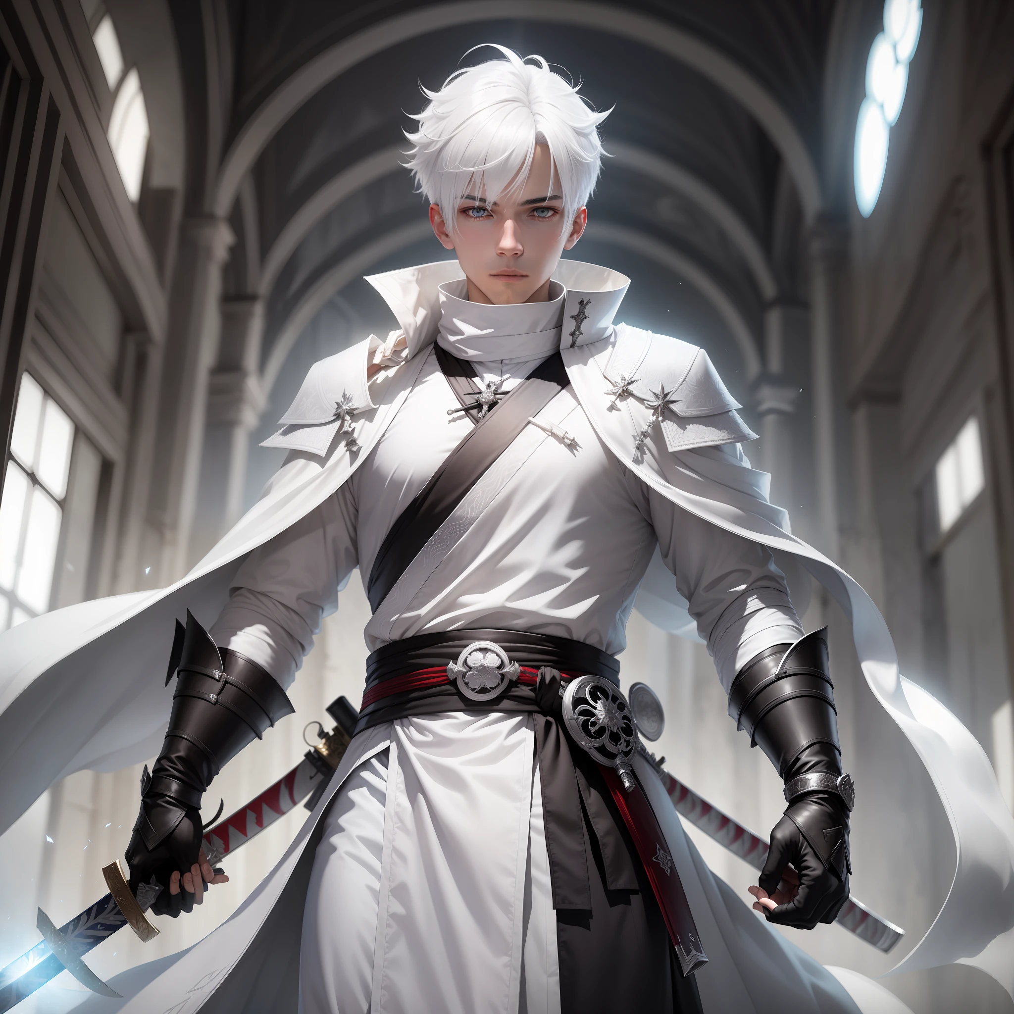 A boy with white hair and silver eyes, with white clothes resembling the robe of the assassins of "Assassin's Credo" and a katana wrapped in ice