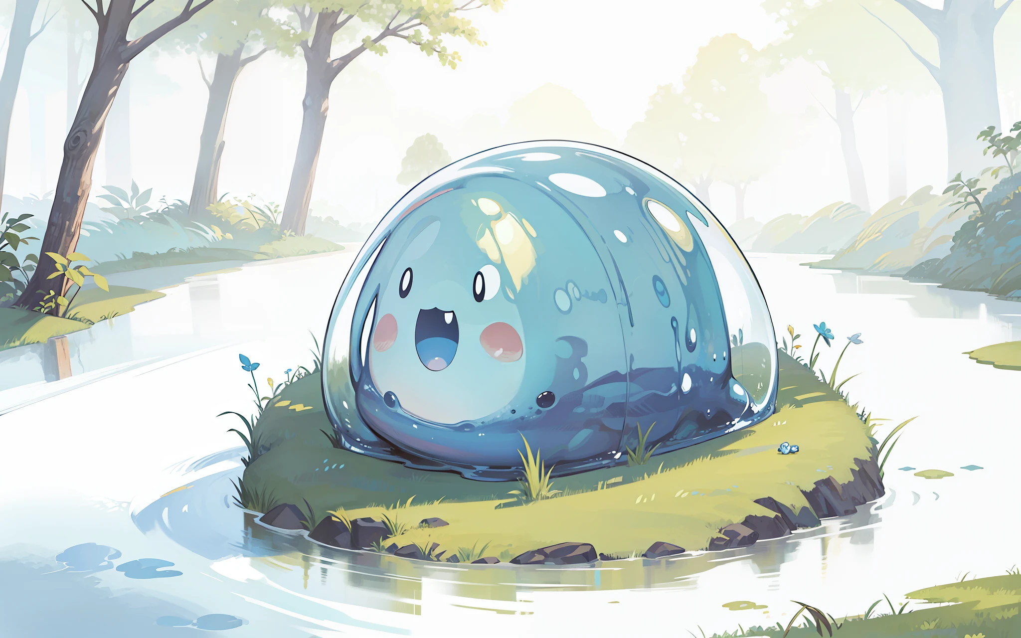 A blue slime was spread out on the grass like mud, jelly slimy, and cute with a strange expression. Monster, anime style, background is forest, meadow.