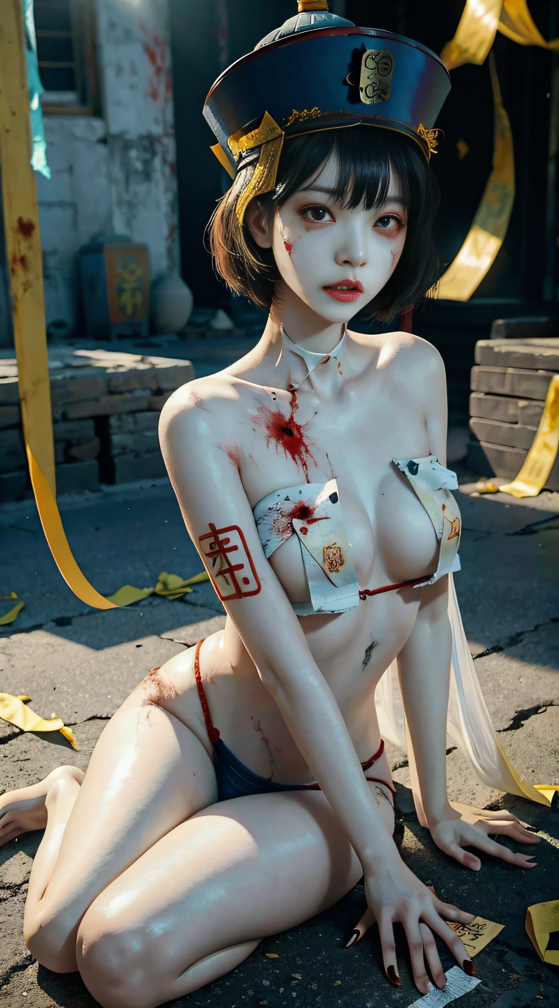 RAW, masterpiece, super fine photo, best quality, super high resolution, realistic, moonlight, night, a beauty, short hair, delicate facial features, perfect face, big breasts, yellow rune paper on the face, a lot of Taoist rune paper pasted on the body, Qing dynasty official hat, white bandages with blood stains wrapped around the whole body, female zombie, Hong Kong Lin Zhengying zombie movie character, sitting on the ground, pale skin, fair skin, shiny skin, vampire teeth, amazing beauty, dynamic pose, delicate face, abandoned warehouse background, messy, Gorgeous, High Detail Skin, Realistic Skin Detail, Sharp Focus, Volumetric Light, 8k UHD, DSLR, High Quality, Film Grain, Realism