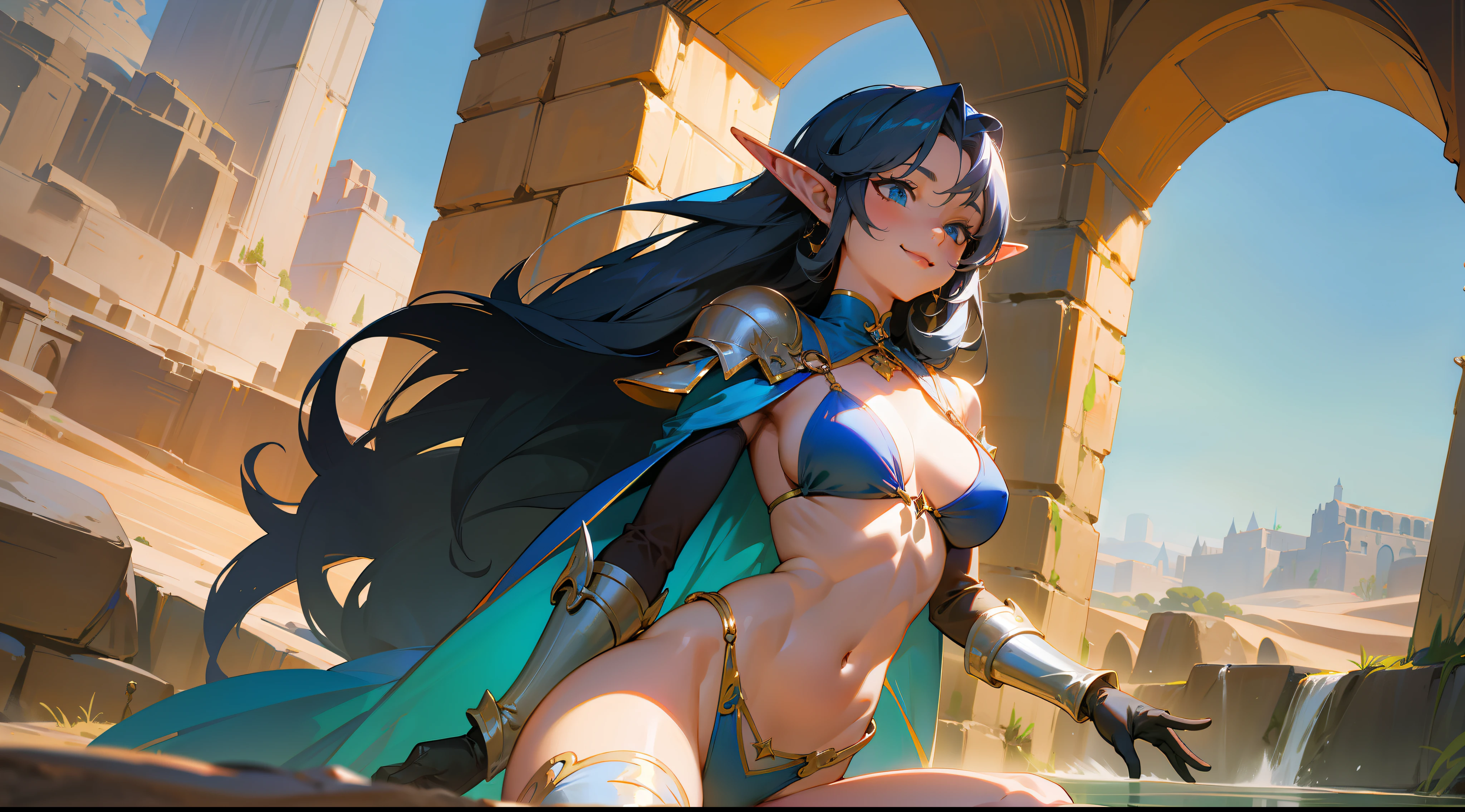 masterpiece, best quality, oil painting, oil crayon pastel, mature woman, elf, dark blue long hair, 80's, smiling, medium breasts, exposed thighs, exposed navel, exposed neck, exposed arms, bikini, big shoulder pad, gloves, cinnamon height boots, can dynamic, in a stone dungeon, sun, blue sky, desert, fantasy, medieval, water magic, well detailed brightness.