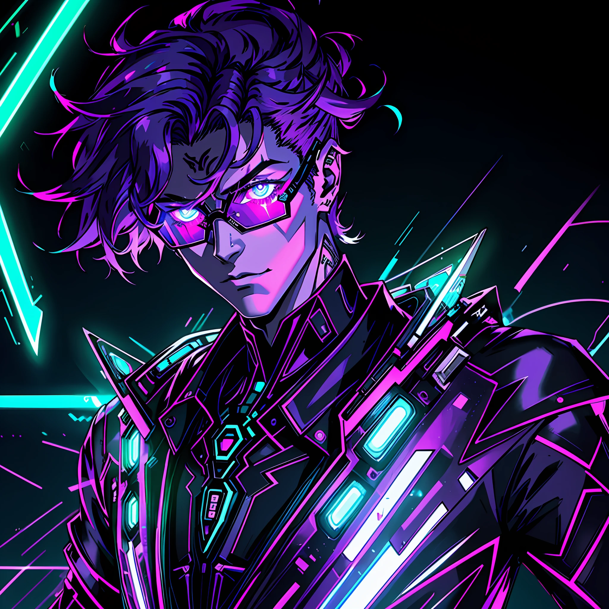 In the neon-lit expanse of CyberHaven, a sprawling metropolis that pulses with technological wonders and shadows that never sleep, resides a vampire boy named Asher. At the tender age of 18, he embodies the enigmatic fusion of ancient darkness and futuristic aesthetics. Explore the intricately detailed world of Asher: Hair: Asher's hair is a vibrant tapestry of black, white, and shades of purple, an artistic homage to the ever-evolving cyberpunk aesthetic. These electrifying colors intertwine, reflecting the neon lights that bathe the city's streets. His hair is styled in a dynamic fashion, a blend of sleek and spiked elements, echoing the fusion of tradition and futurism. Glasses: Adorning his face, Asher's glasses embody cutting-edge technology with a touch of retro charm. The frames are sleek and silver, intricately designed with embedded microcircuitry that enhances his vision in the augmented reality of CyberHaven. The lenses possess a subtle holographic shimmer, providing him with an overlay of data and information within his field of view. Eyes: Beneath the tinted lenses of his glasses, Asher's eyes glimmer with an ethereal glow, a vibrant shade of amethyst that seems to radiate with electric energy. They hold an intensity that reflects his profound connection to the nocturnal world and his unyielding thirst for both knowledge and the life essence that sustains him. Cybernetic Enhancements: Within the cyberpunk realm, Asher has embraced technological augmentations that coexist with his vampiric nature. Tracing along his arms and neck, faintly glowing circuitry tattoos blend seamlessly with his skin, enhancing his reflexes and senses. These enhancements are a testament to his ability to adapt and thrive in the ever, highly detailed face, highly detailed eyes,potrait