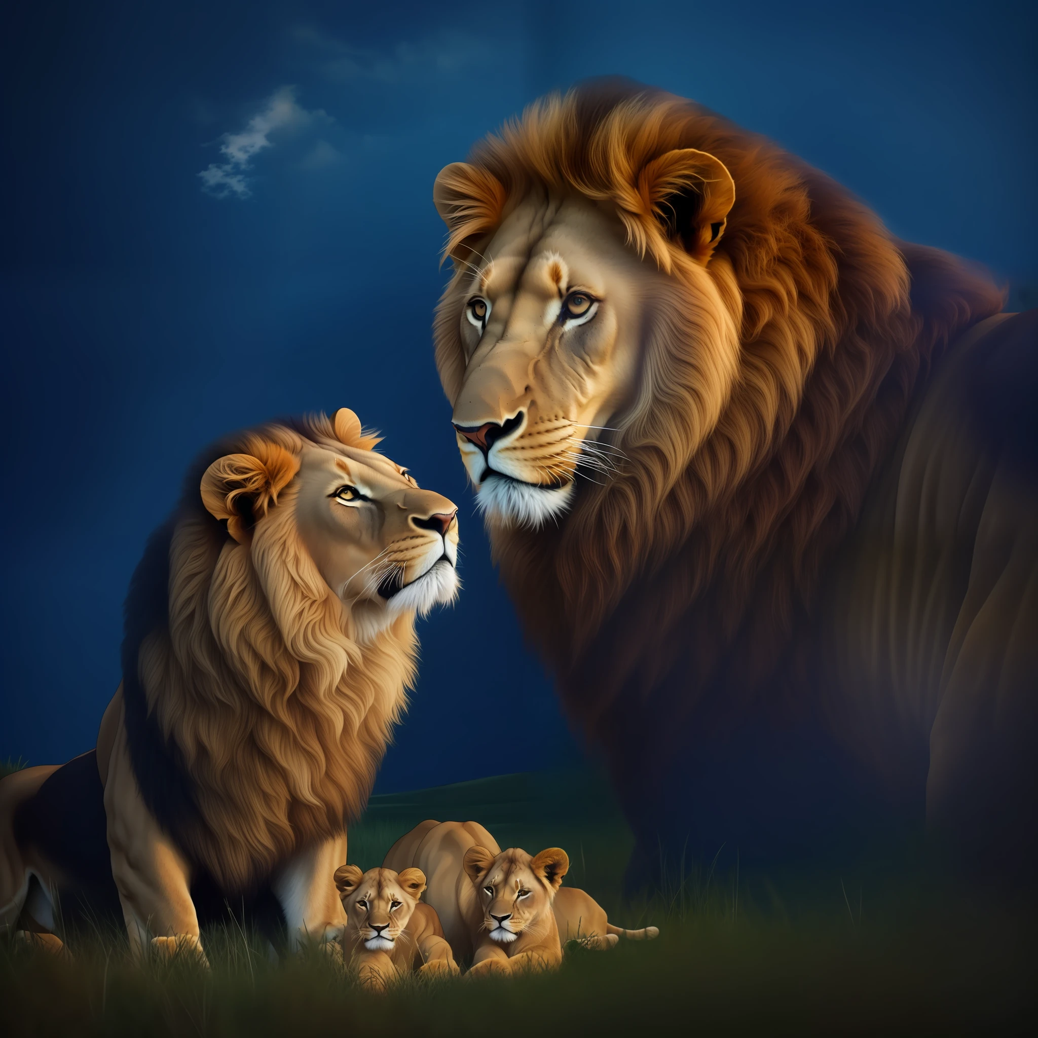 A lion with a lush mane and a gleaming crown, on a solid black background. Beside him, a female lioness looks tenderly at three adorable cubs. The scenery is minimalist, without the presence of grass, woods or trees, highlighting the grandeur of the lion and the delicacy of the family. Digital illustration, realistic artistic style, --ar 9:16 --v 5