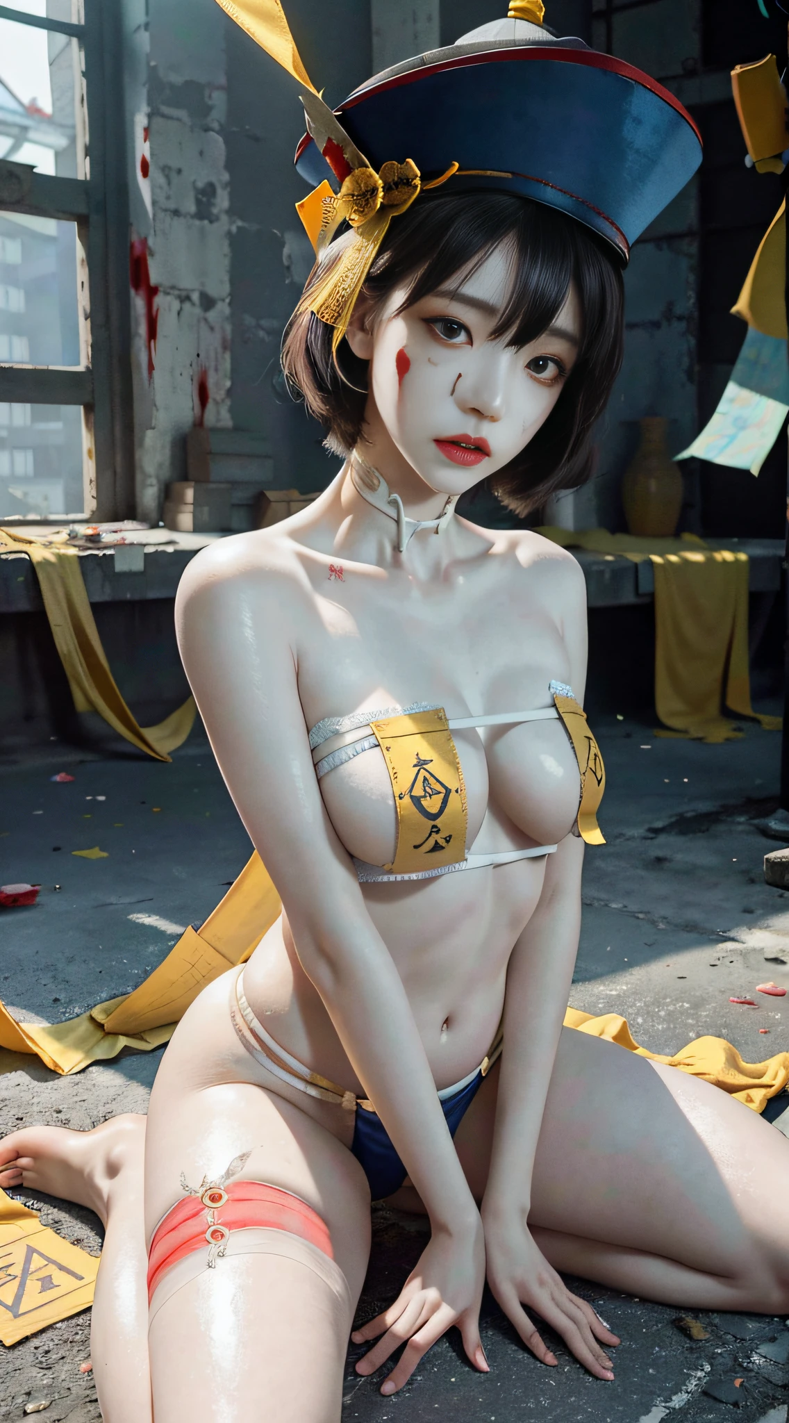 RAW, masterpiece, super fine photo, best quality, super high resolution, realistic, moonlight, night, a beauty, short hair, delicate facial features, perfect face, big breasts, yellow rune paper on the face, a lot of Taoist rune paper pasted on the body, Qing dynasty official hat, white bandages with blood stains wrapped around the whole body, female zombie, Hong Kong Lin Zhengying zombie movie character, sitting on the ground, pale skin, fair skin, shiny skin, vampire teeth, amazing beauty, dynamic pose, delicate face, abandoned warehouse background, messy, Gorgeous, High Detail Skin, Realistic Skin Detail, Sharp Focus, Volumetric Light, 8k UHD, DSLR, High Quality, Film Grain, Realism