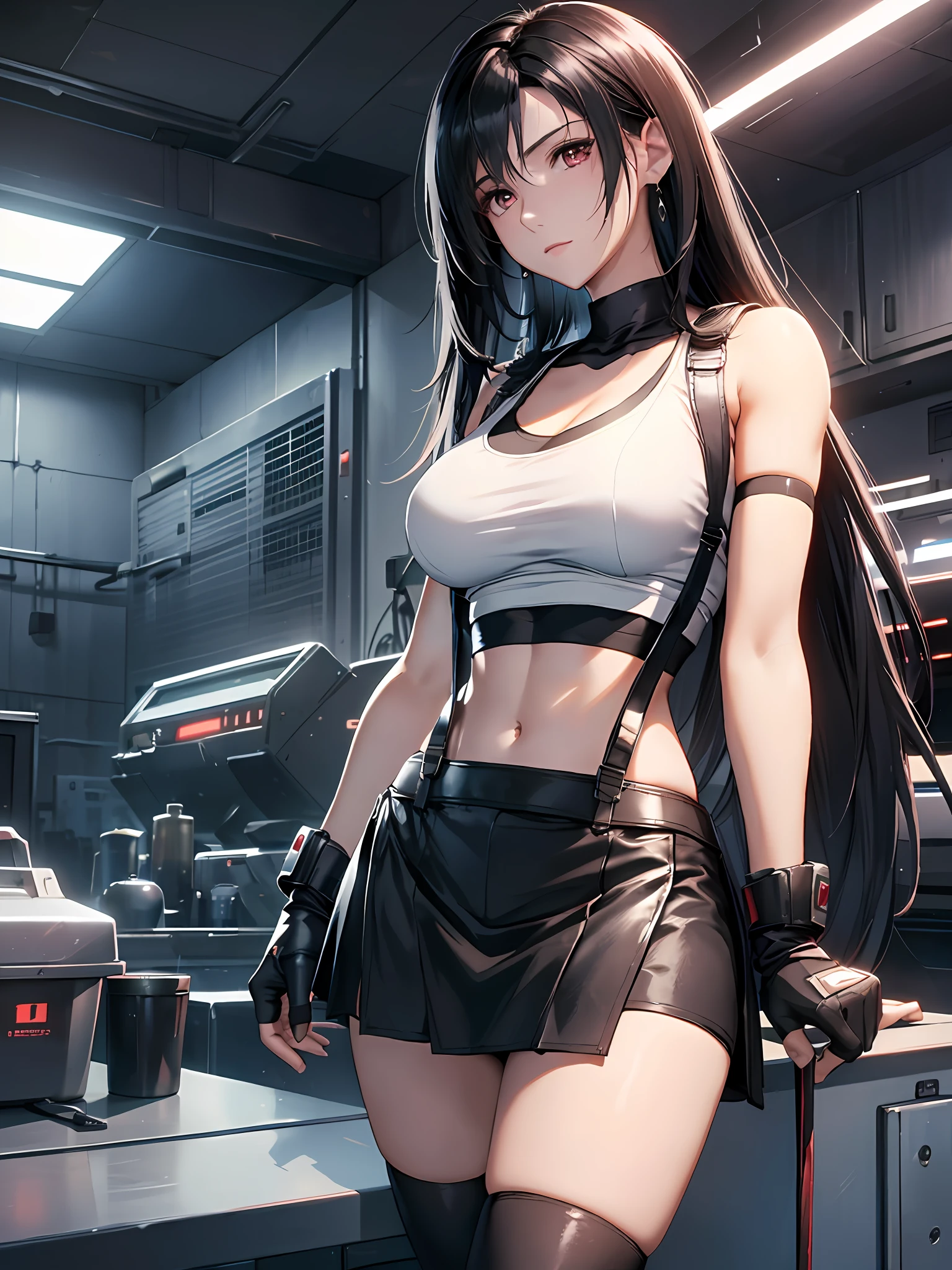 8k,masterpiece, bset quality,big, (1 girl), tifa lockhart, red_eyes, black hair, long hair, professional lighting, (shiny skin: 1.2), shiny big, ((best quality)), sharp focus: 1.2, highly detailed face and skin texture, detailed eyes, perfect face, perfect body, blur art, cg, backgroundPresence Big, (20yo, mature cool and beautiful face), wearing ((Suspender Black Skirt), Black Elbow Gloves, White Taut Shirt, Tsi-Hai, White Tank Top), Blushing, (Mittgal), Standing, Cyber Robot Factory,