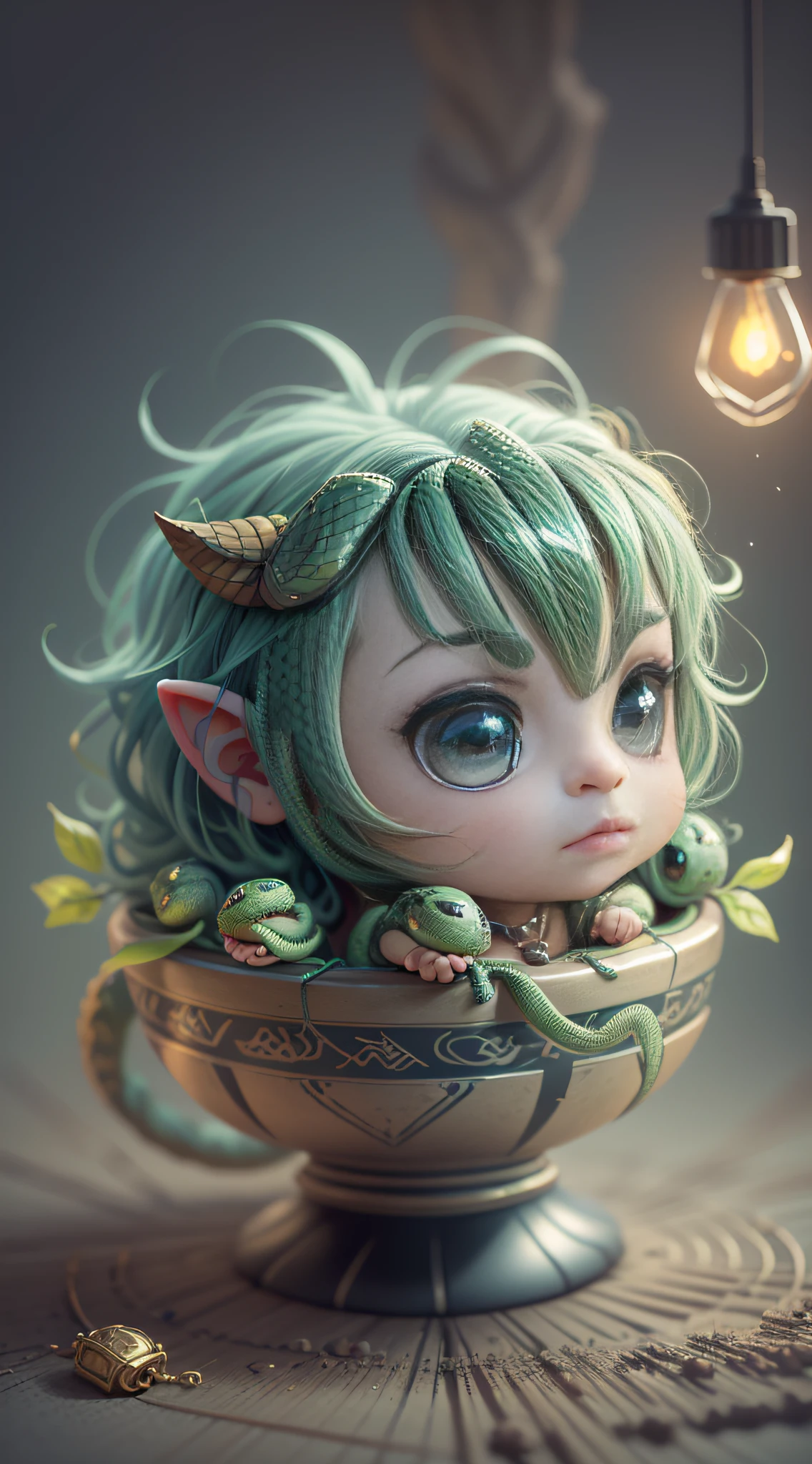 beautiful tiny gorgon(hair of living snakes) hyperrealistic with realistic eyes and bright different colors taking care of a necklace, shades of fire, Chibi, lovely and cute, logo design, cartoon, cinematic lighting effect, charming, 3D vector art, cute and quirky, fantasy art, bokeh, hand drawn, digital painting, soft lighting, isometric style, 4K resolution, photorealistic rendering, highly detailed cleaning, vector image, photorealistic masterpiece, professional photography, simple space scenery, isometric, vibrant vector
