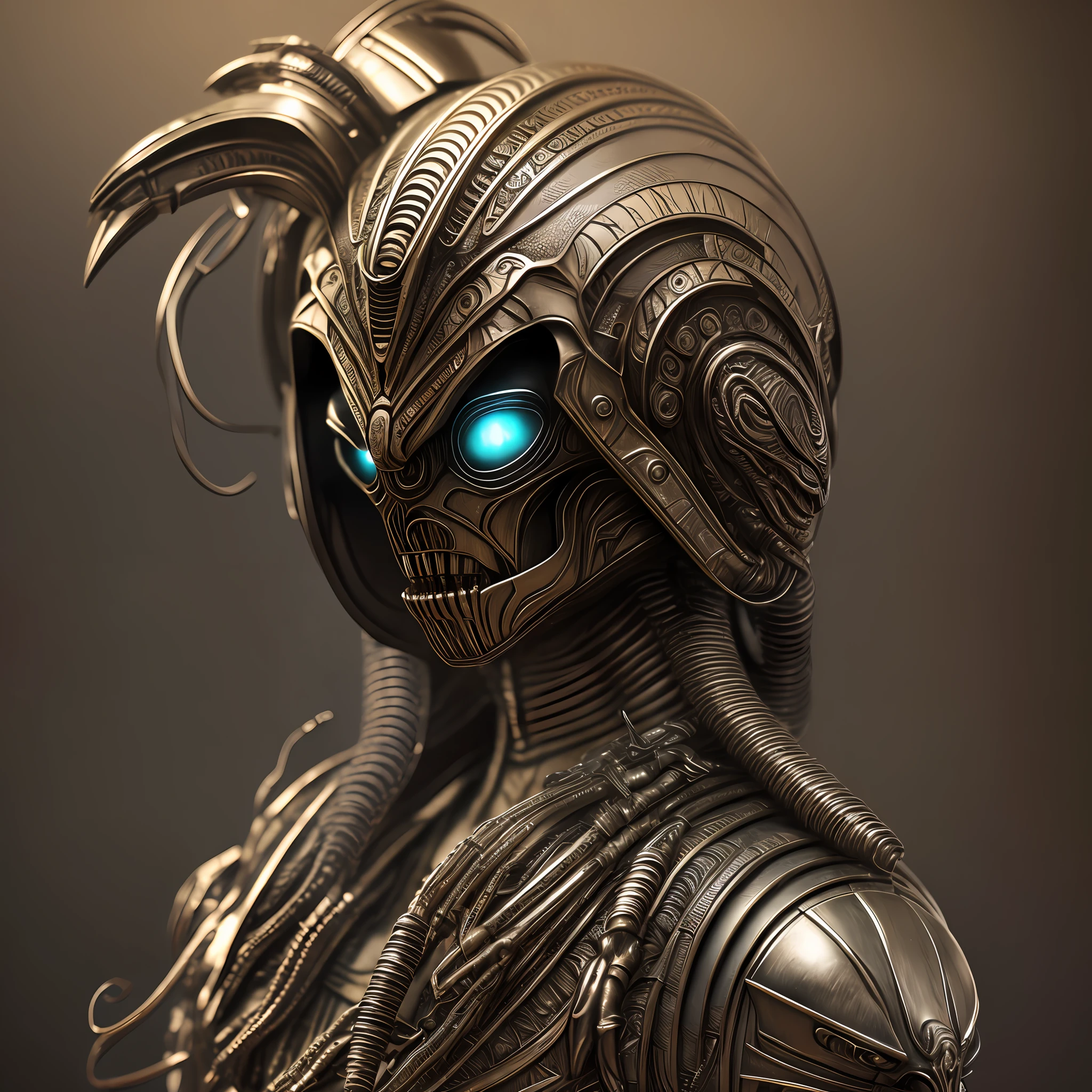 There is a wooden necklace with a metal xenomorph head on it, xenomorph pendant, alien, close up shot of an amulet, H.R. Giger Alien Head Warrior, made of intricate metal and wood, Warrior alien head, portrait shot, rendered in keyshot, by H.R. Giger, fantasy xenomorph portrait, rendered art, alien head, xenomorph head, detailed portrait shot, no depth of field