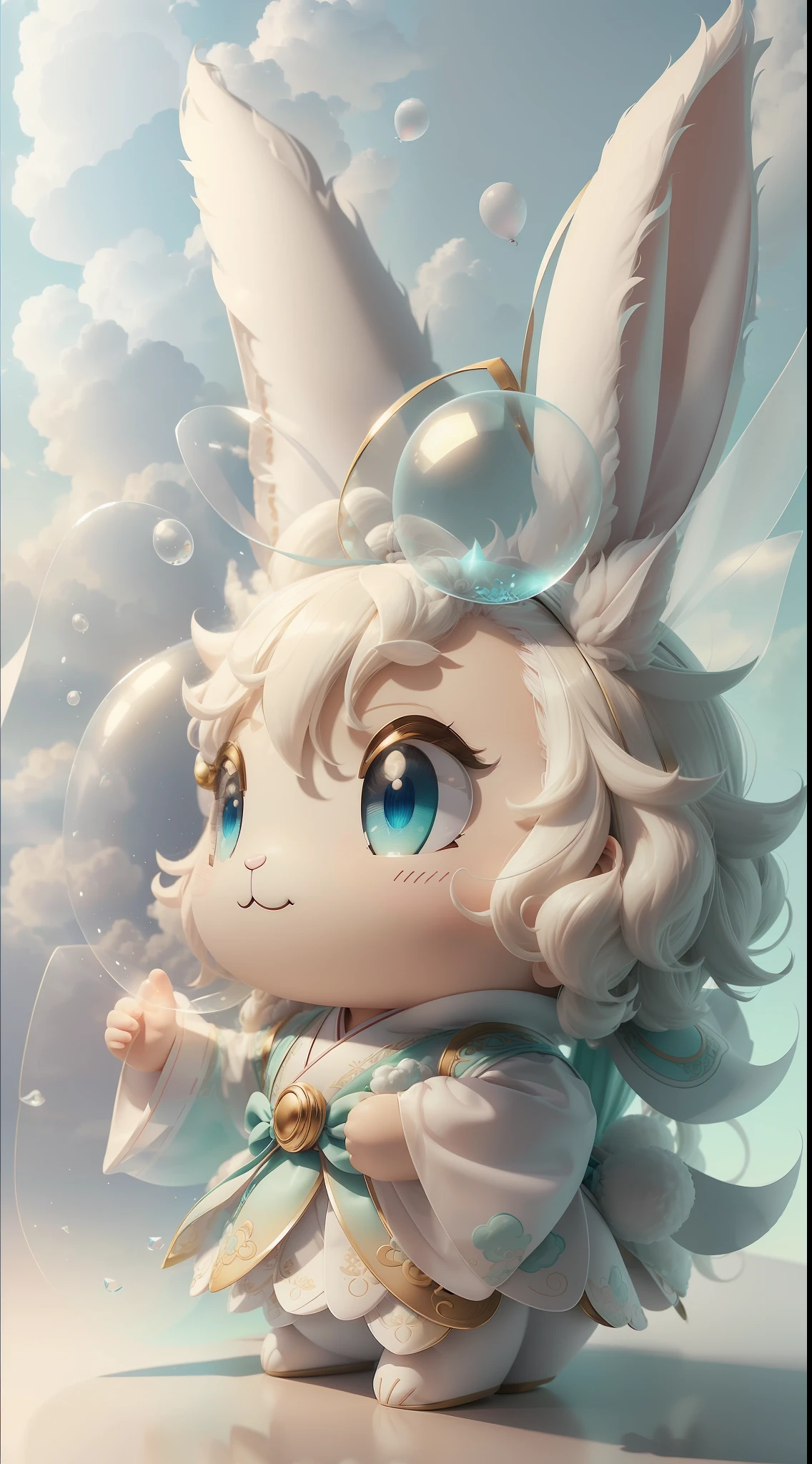 Rabbit, big ears, happy smile, (wearing Hanfu) fluffy, fluffy hair, soft ((best quality)), ((masterpiece)), (hair accessory)( extreme detail, highest detail, official art, beauty and aesthetics:1.2), depth of field, composition ( (whole body) ), (chibi), (beautiful and detailed eyes: 1.3), (very happy:1) (light mint green and gradient white), popmart blind box, clay texture, (transparent balloon, cloud decorative background), natural light, best quality, Super Detail, 3D Art, C4D, Blender, OC Renderer, 3D Rendering, 8K --auto --s2