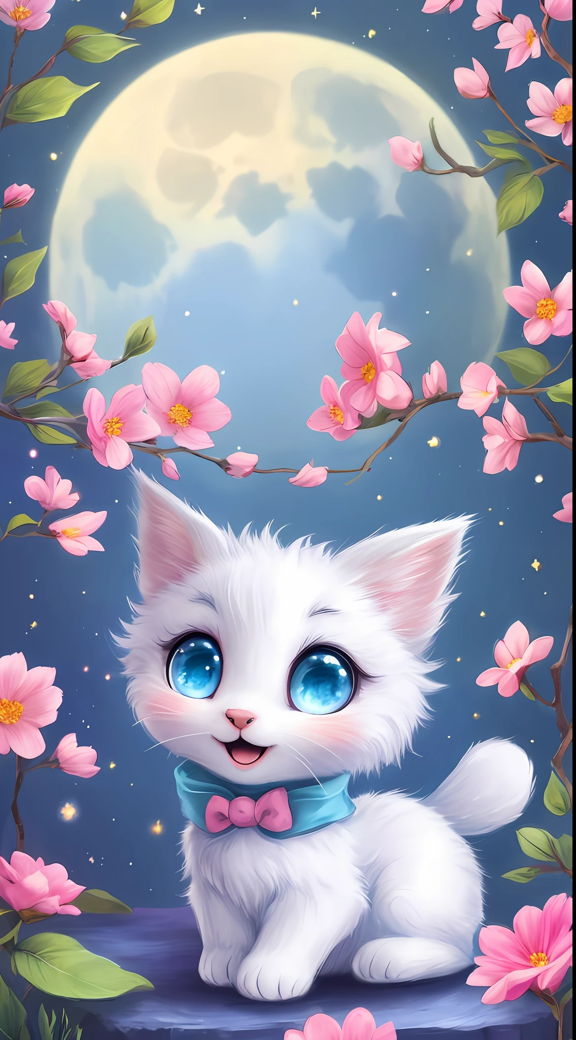 A kitten with a tiny tail, a small nose, small ears, blue eyes, pink background, flowers, vases, dreams, open mouth, smile, Caroline Chariot-Dayez pastels, tumblr, furry art, elokitty, Disney's Bambi cat, Disney's stylized furry, ears floating, fluffy tail, fluffy '', fluffy !!!, high resolution, furry art!!! The moon, small in size