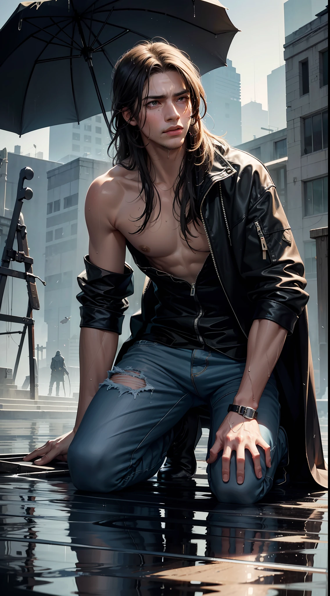 Best Quality, Masterpiece, Ultra High Resolution, (Fidelity: 1.4), Photos, 1 Handsome Long Hair (((Boy)))), Dim, Darkness, Lightning, Despair, Pathese, Movie, Tears, Teardrops, ((Men)), (Torn Clothes: 1.5), (Wet Clothes: 1.4), Kneeling on the Ground, Saving Yourself, Biting Lower Lip, Bare Shoulders, Real Rain, Wet Hair, (((Men)))