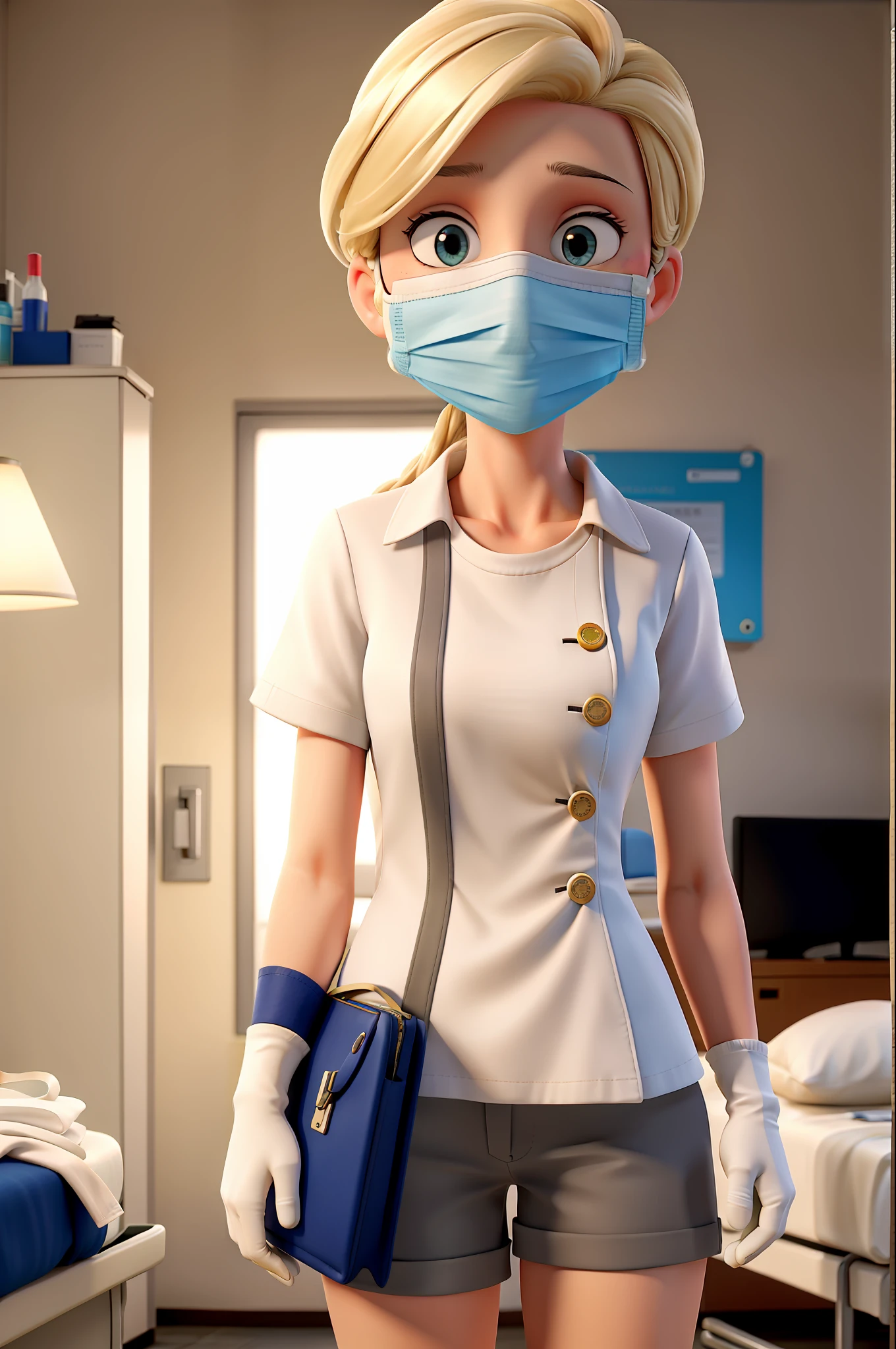 Masterpiece, of the best quality, blonde female nurse wearing surgical mask wearing gloves in hospital, torn white nurse suit, tattered clothes, exposed shoulders