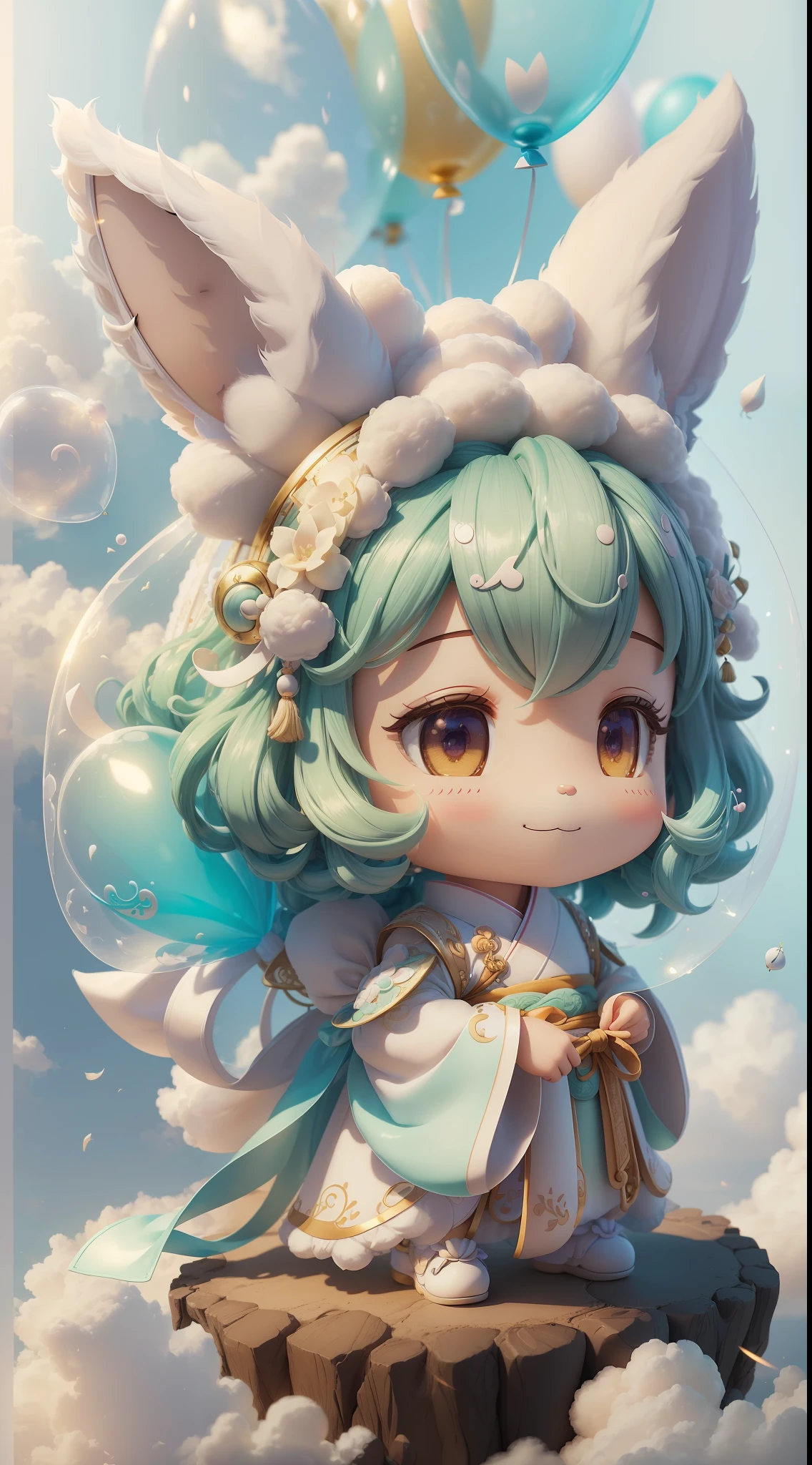 Rabbit, big ears, happy smile, (wearing Hanfu) fluffy, fluffy hair, soft ((best quality)), ((masterpiece)), (hair accessory)( extreme detail, highest detail, official art, beauty and aesthetics:1.2), depth of field, composition ( (whole body) ), (chibi), (beautiful and detailed eyes: 1.3), (very happy:1) (light mint green and gradient white), popmart blind box, clay texture, (transparent balloon, cloud decorative background), natural light, best quality, Super Detail, 3D Art, C4D, Blender, OC Renderer, 3D Rendering, 8K --auto --s2
