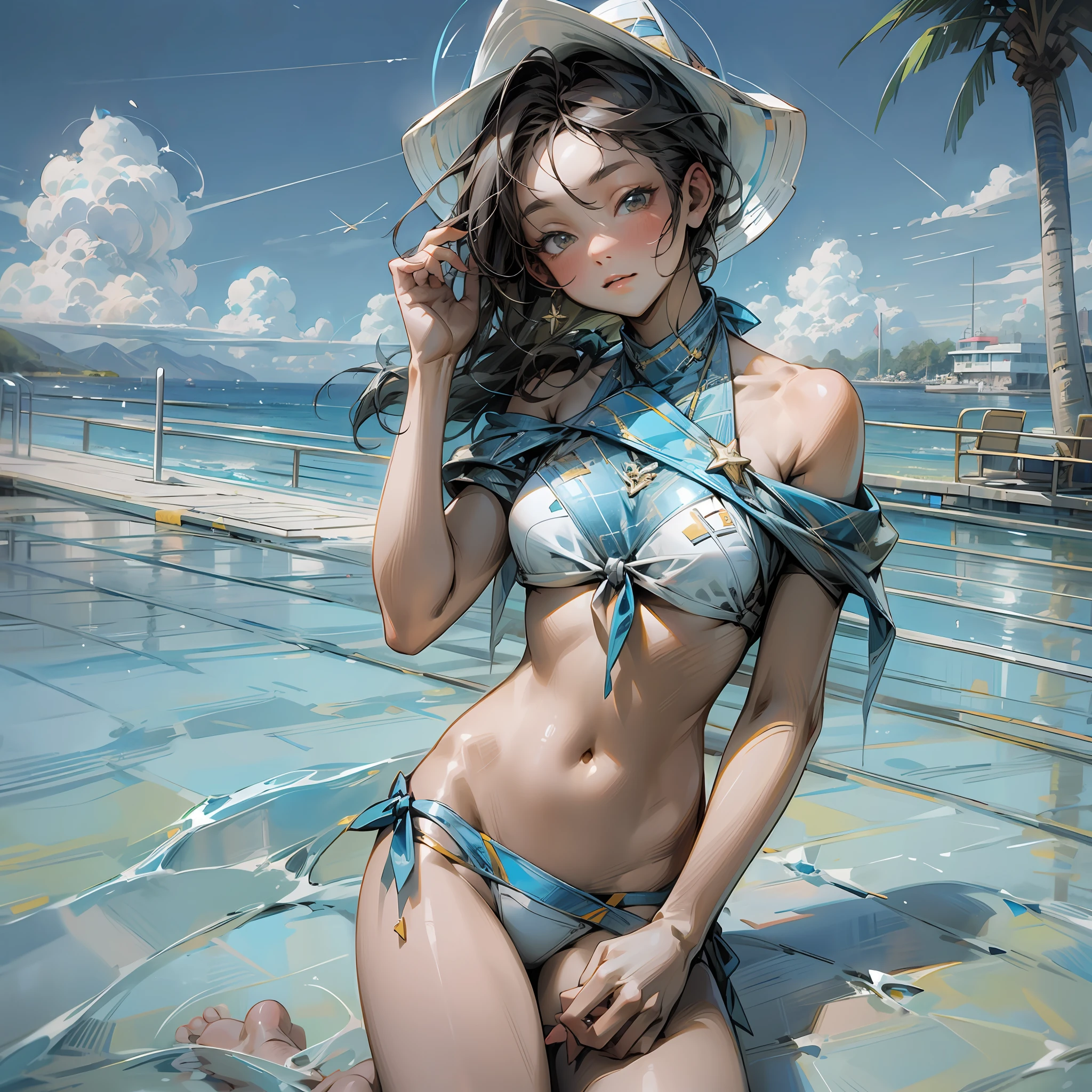 masterpiece, best quality,meteorolite
cloud, swimsuit, 1girl, full body, far shot, bikini, sky, side-tie_bikini, barefoot, breasts, solo, blue_sky, looking_at_viewer, cloudy_sky, blue_bikini, sitting, long_hair, navel, day, front-tie_top, building, front-tie_bikini, off_shoulder, bare_shoulders, legs spread --auto --s2