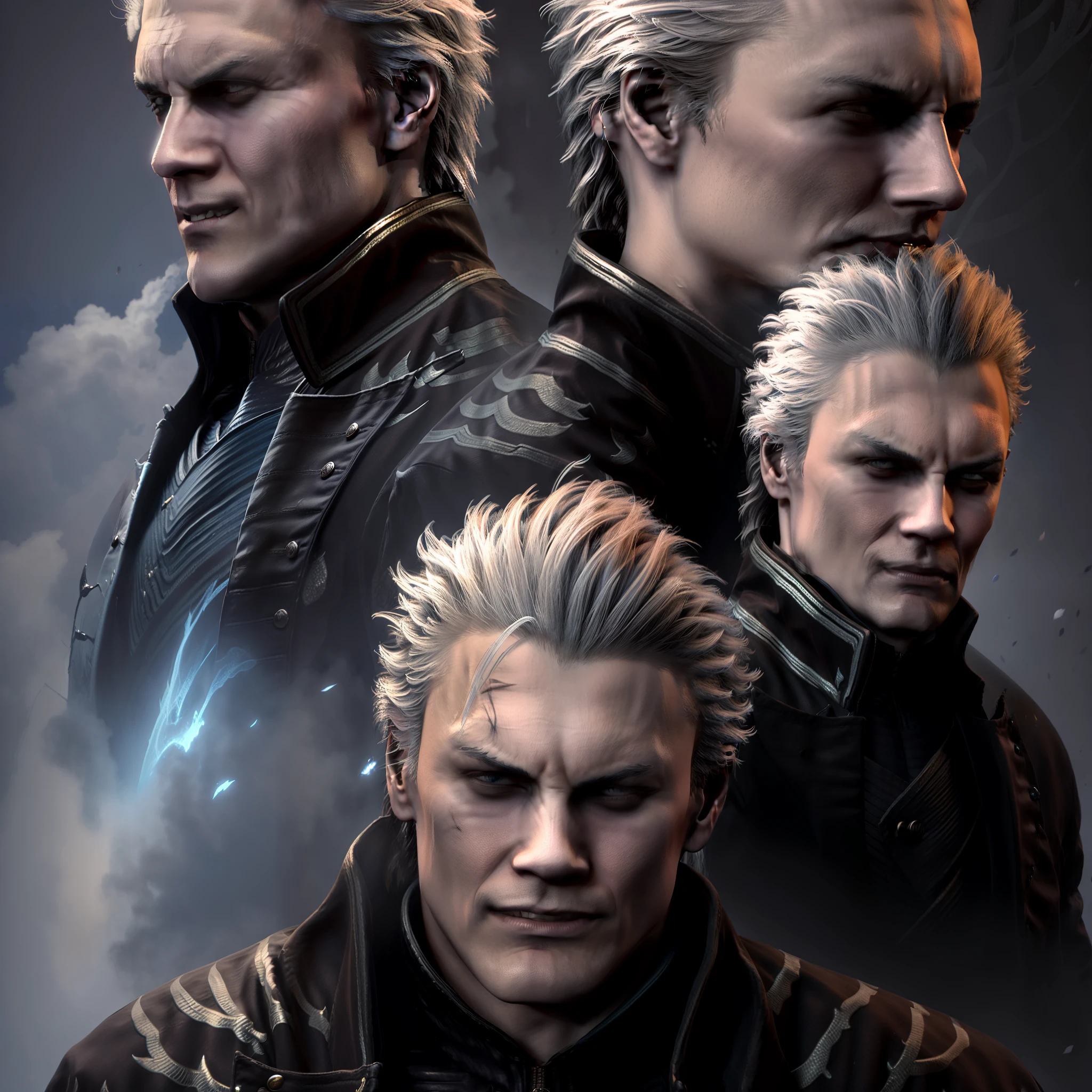 1 man, Vergil, white hair combed back, Katana in right hand, serious look more amused, arrogant smile, view from below, intimidante, 46 anos