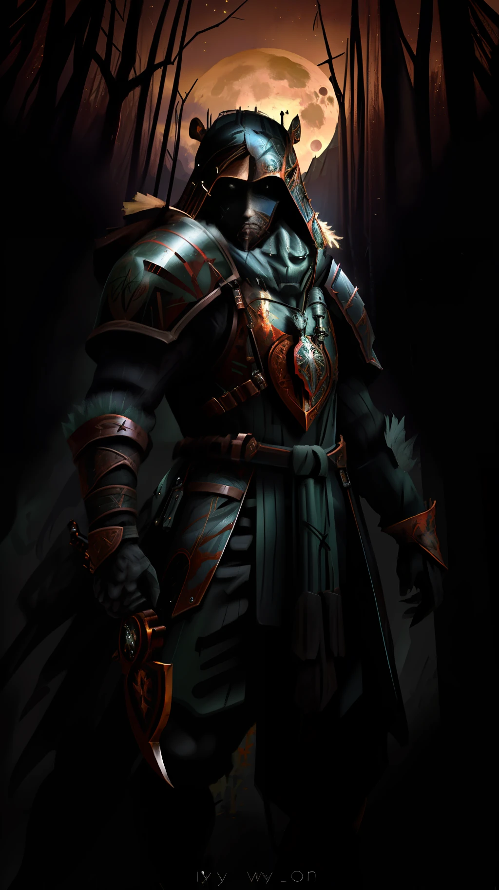 (Approximate image, medium distance) solo man in the forest hunting; (high quality detailed masterpiece) hunter costume; axe, shield, full moon in open forest.